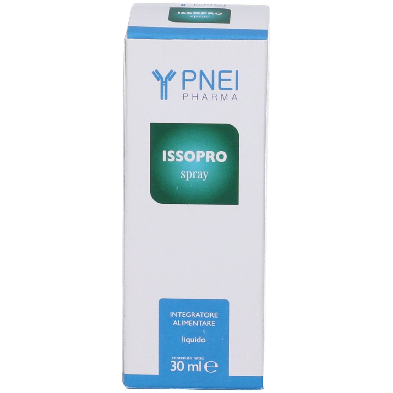 Confezione con scritta: ISSOPRO spray. Marchio: PNEI Pharma. 30 ml.