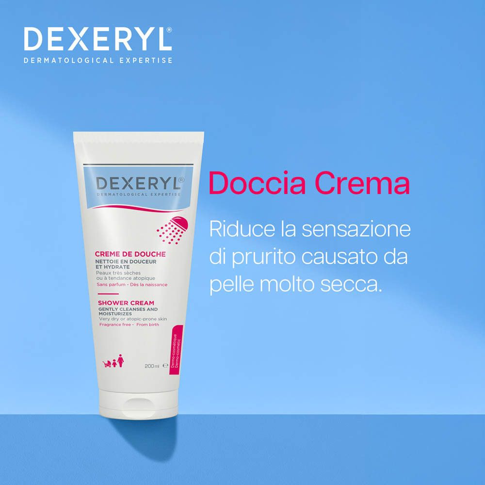 Tubo DEXERYL® Dermatologie-Duschcreme. Testo: Doccia Crema. Riduce il prurito della pelle molto secca.