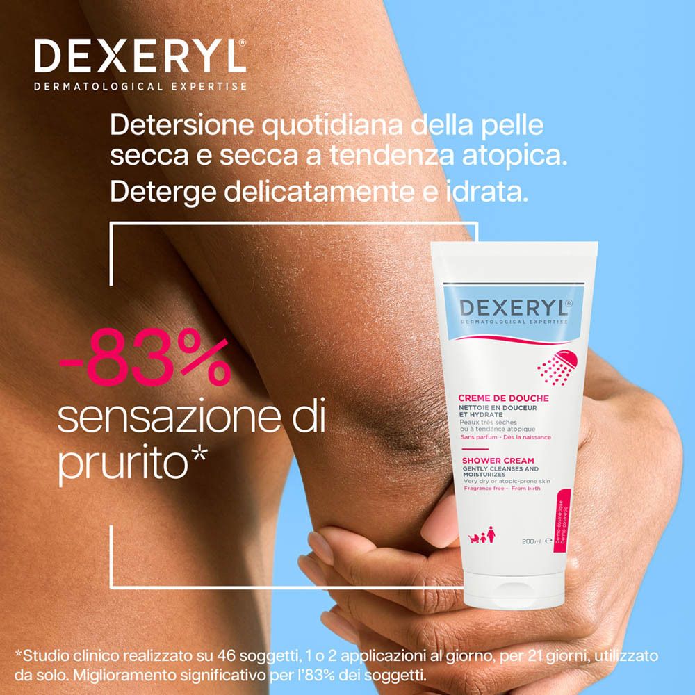 Tubo DEXERYL® Dermatologie-Duschcreme. Testo: Detergenza quotidiana della pelle secca e a tendenza atopica.