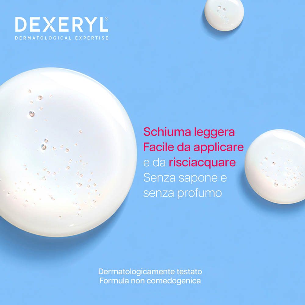 Gocce bianche rotonde. Testo: Schiuma leggera. Senza sapone e profumo. Dermatologicamente testato.