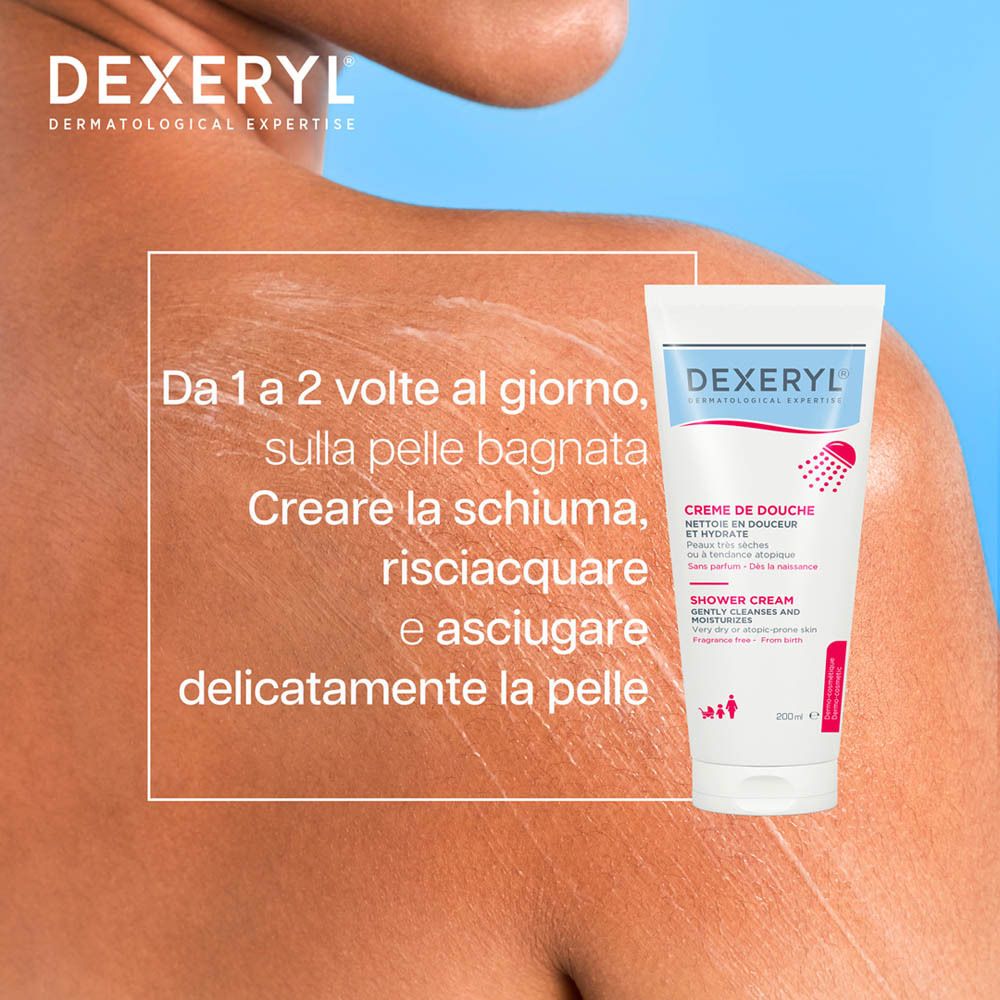 Tubo DEXERYL® Dermatologie-Duschcreme. Testo: Applicare sulla pelle bagnata, insaponare, risciacquare e asciugare delicatamente.