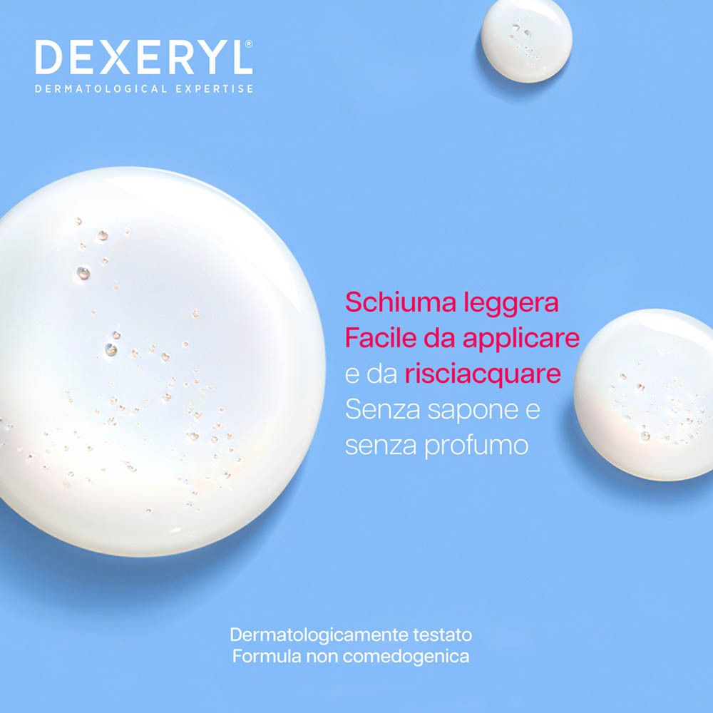 DEXERYL® Crema Doccia, flacone bianco con dosatore. Testo: Creme de douche, Shower Cream. Schiuma leggera, facile da risciacquare.