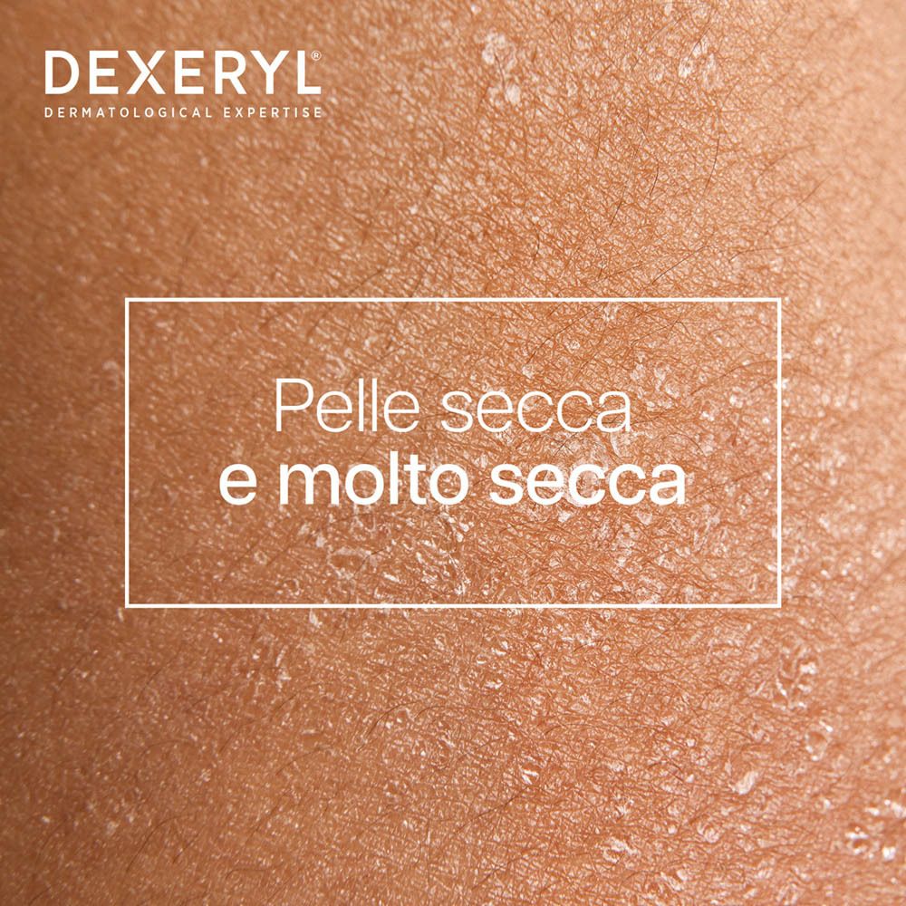 Primo piano di pelle secca. Testo: Pelle secca e molto secca.