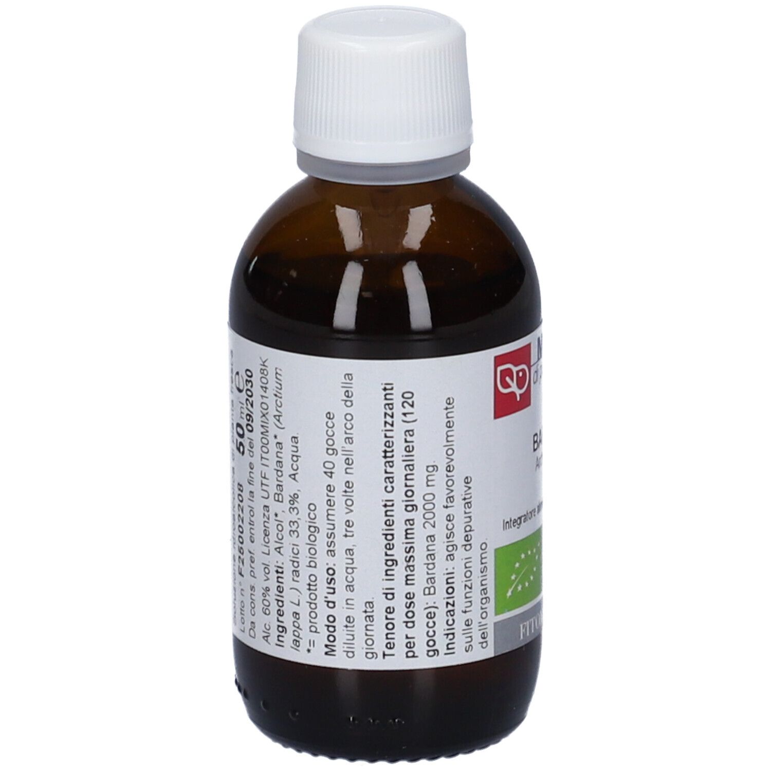 Flacone di vetro marrone con tappo bianco. Etichetta con testo: Bardana, Macerato di pianta fresca biologico. Contiene 60% di alcol.