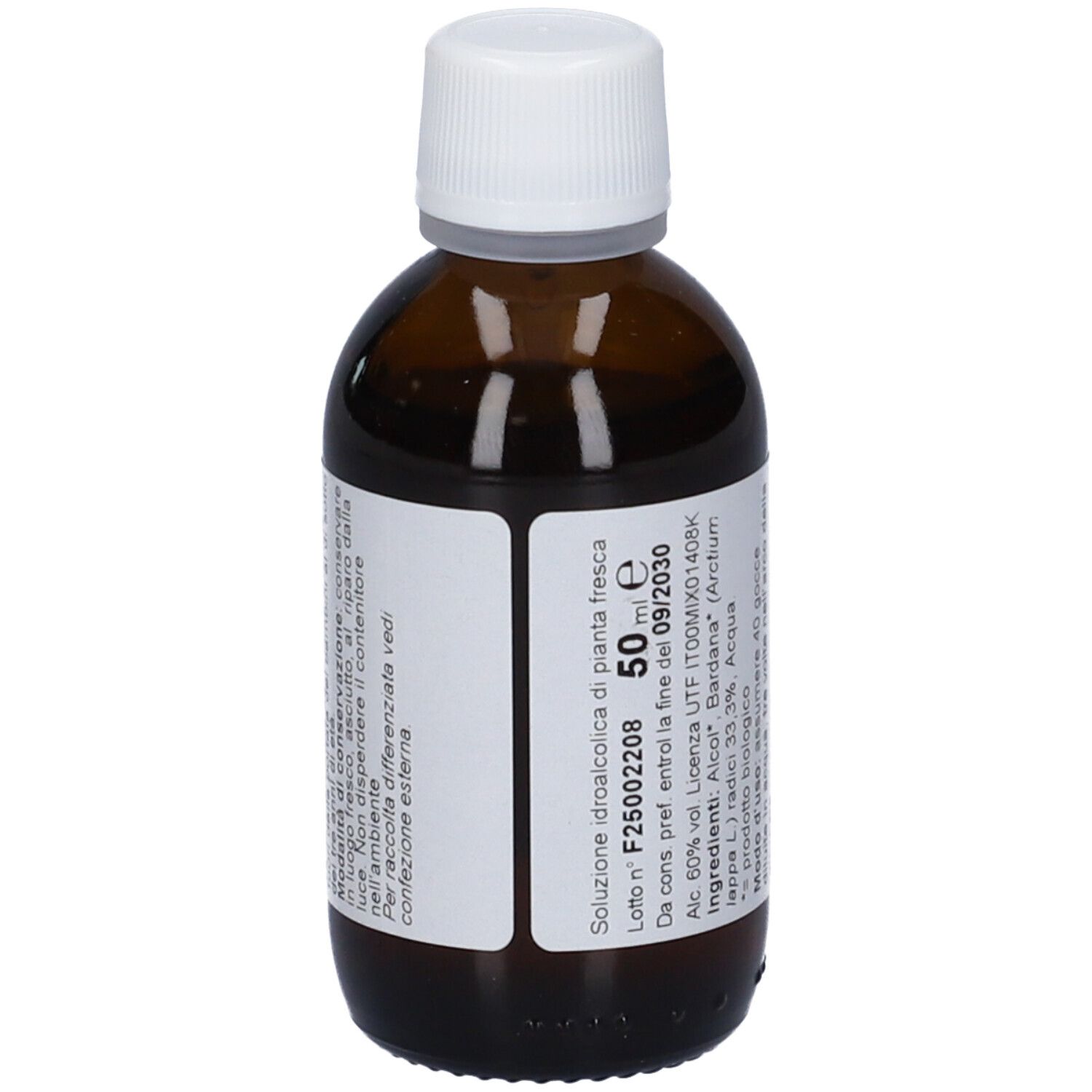 Flacone di vetro marrone con tappo bianco. Etichetta con testo: 50 ml, Macerato di pianta fresca. Contiene 60% di alcol.