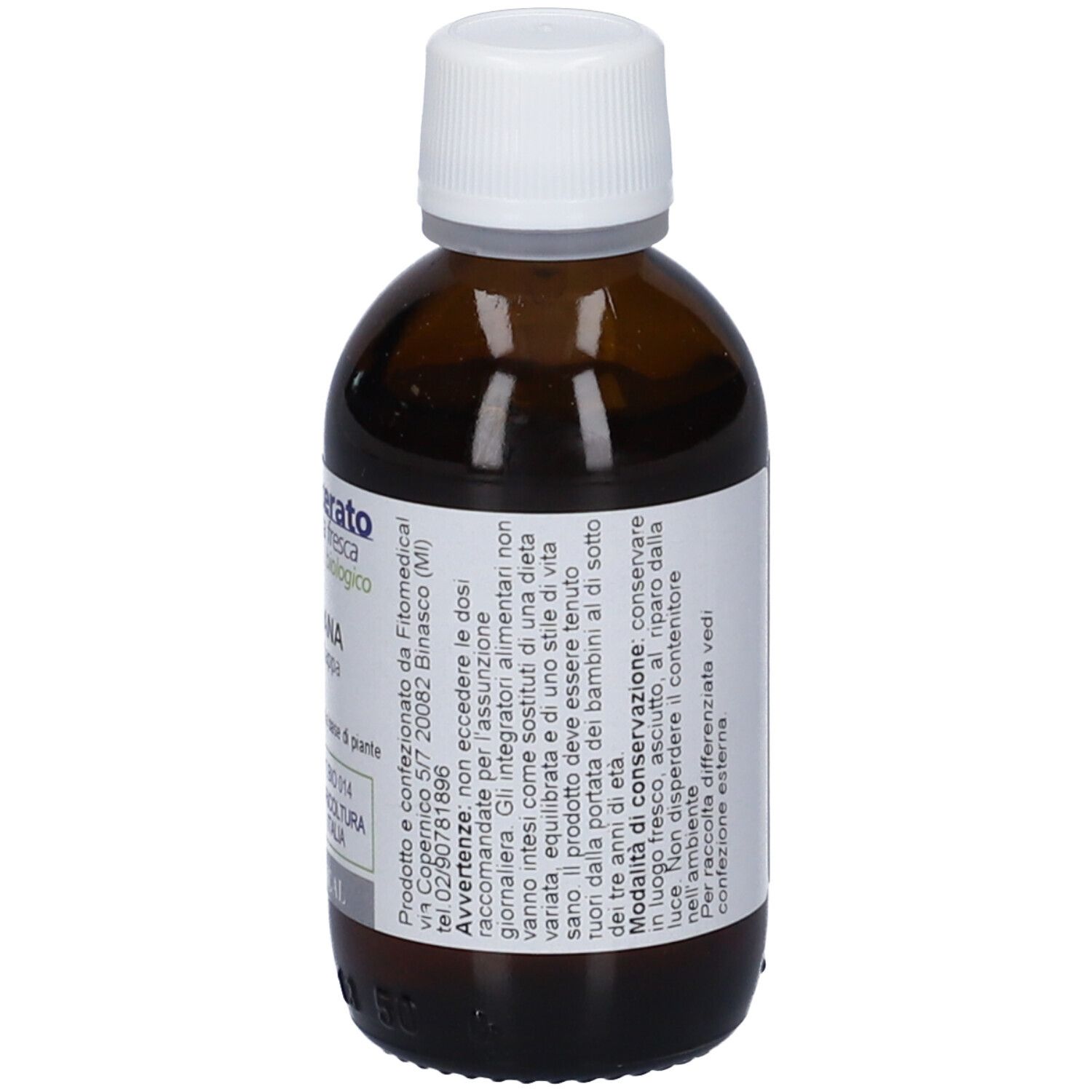 Flacone di vetro marrone con tappo bianco. Etichetta con testo: Macerato di pianta fresca biologico. Avvertenze.