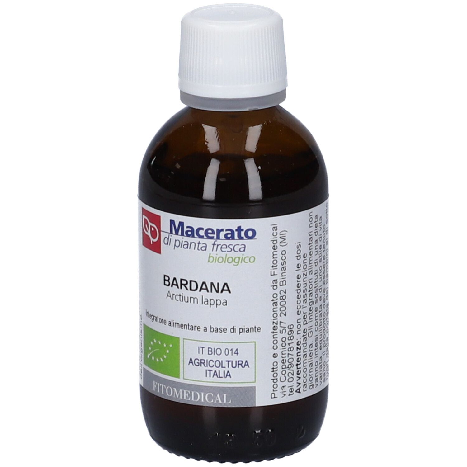 Flacone di vetro marrone con tappo bianco. Etichetta con testo: Bardana, Macerato di pianta fresca biologico. IT BIO 014.
