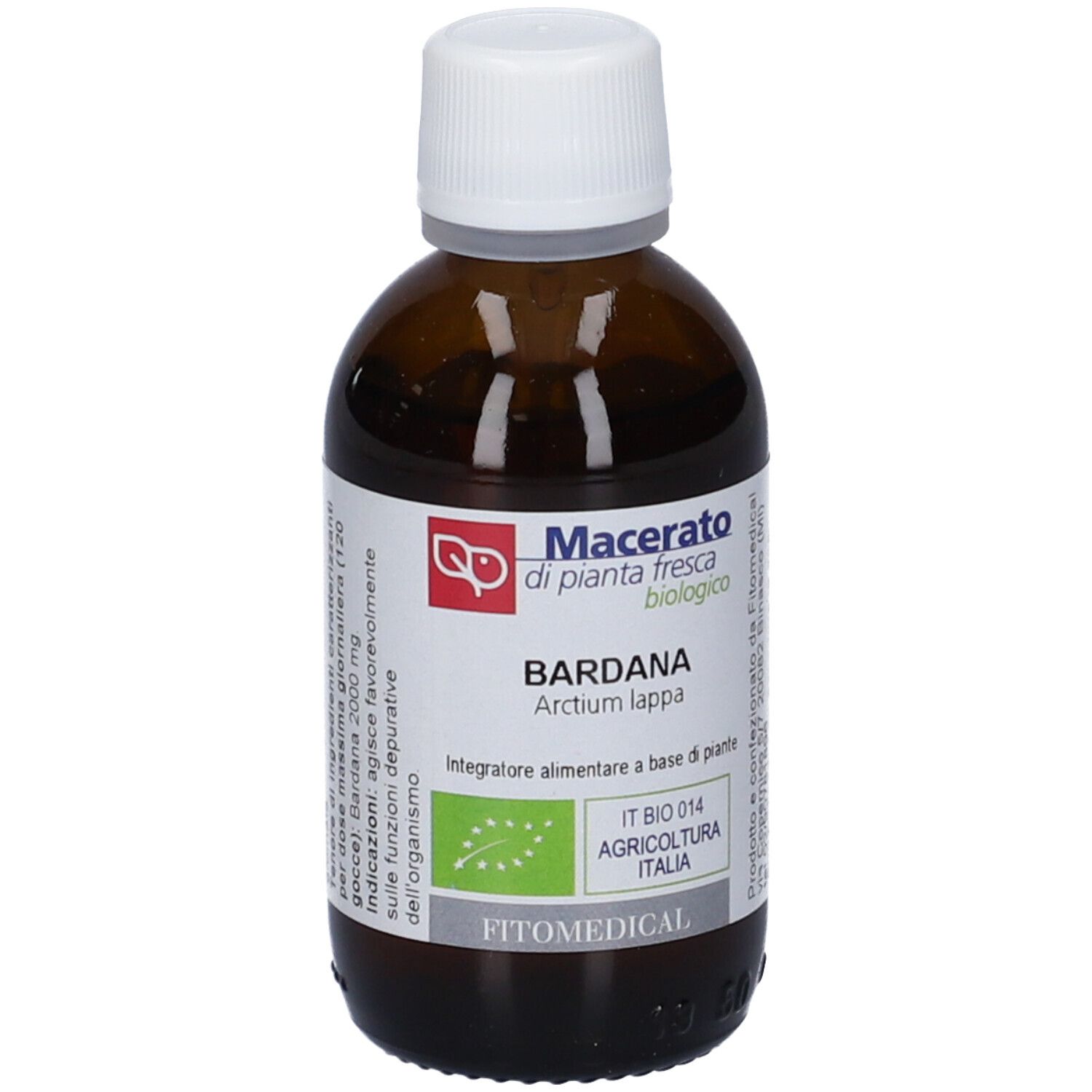 Flacone di vetro marrone con tappo bianco. Etichetta con testo: Bardana, Macerato di pianta fresca biologico. Contiene 60% di alcol.