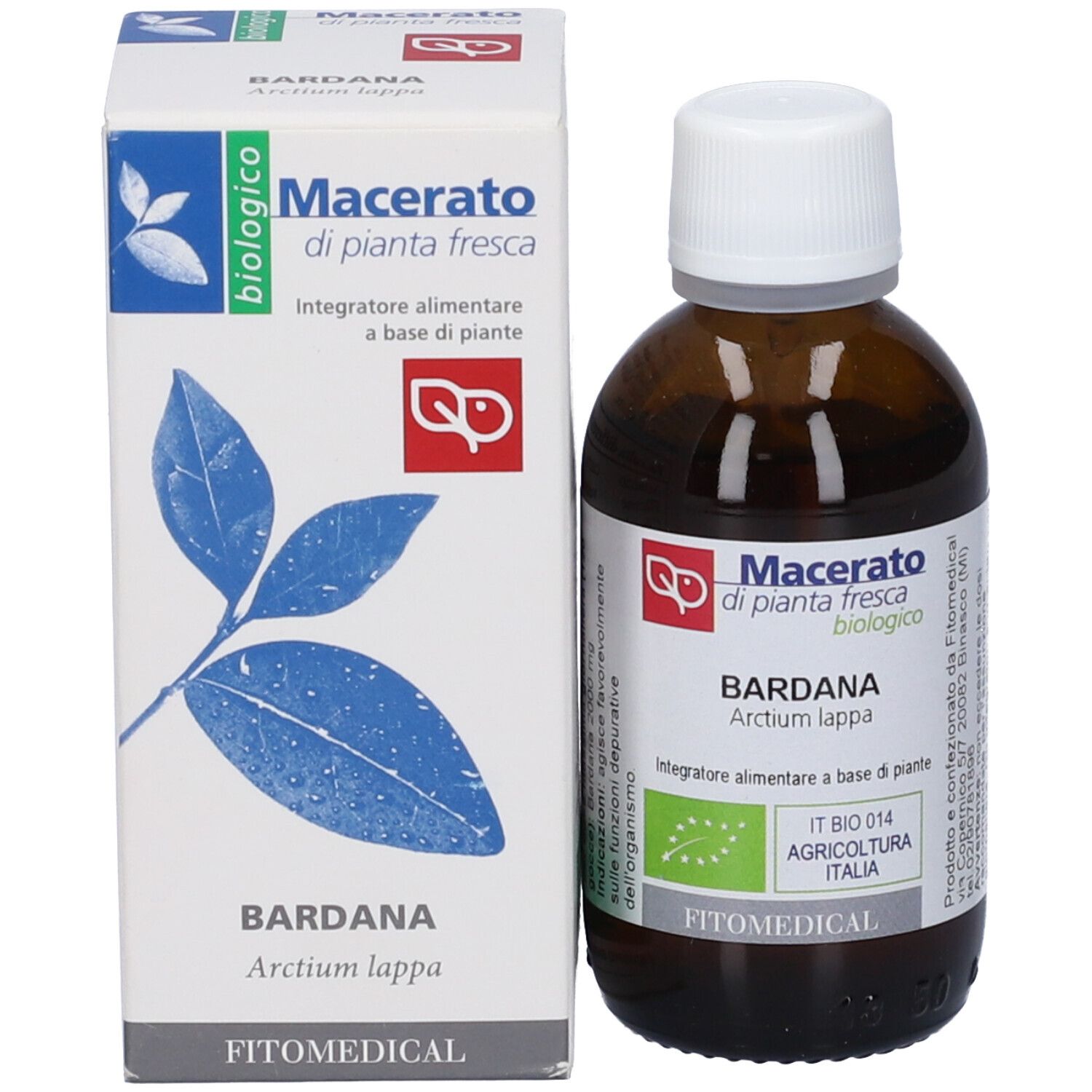 Flacone di vetro marrone con tappo bianco e scatola. Scatola con testo: Bardana, Macerato di pianta fresca biologico. Illustrazione di foglie.