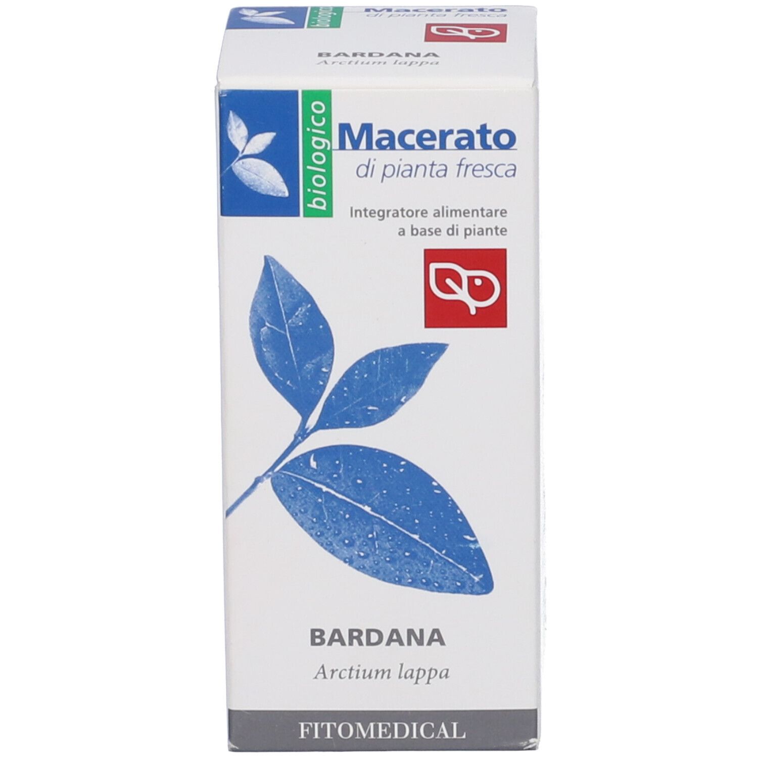 Scatola con testo: Bardana, Macerato di pianta fresca biologico. Illustrazione di foglie. Sfondo bianco.