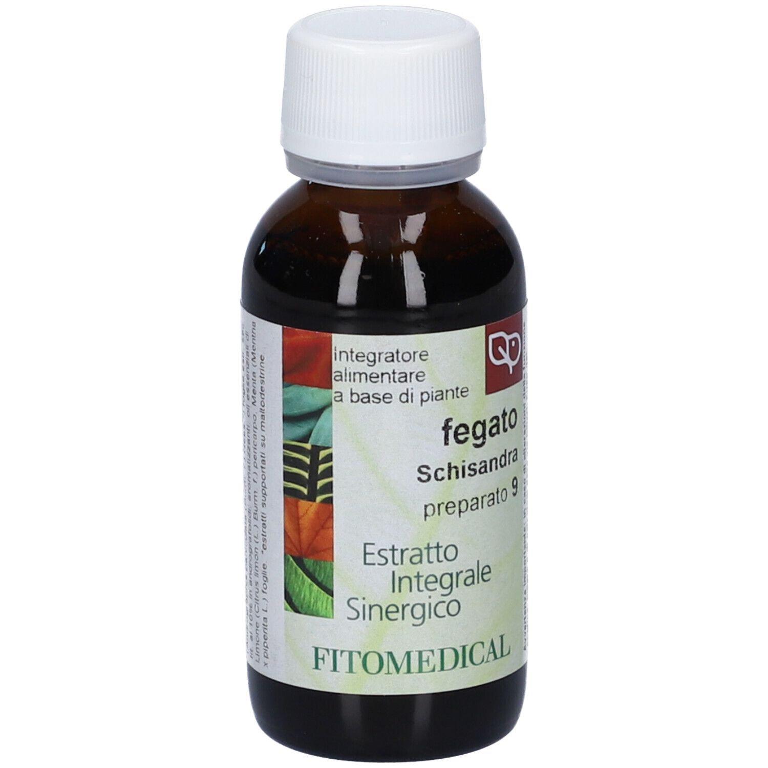 Flacone in vetro marrone con tappo a vite bianco, etichetta con 'Fegato Schisandra Estratto Integrale Sinergico' e illustrazioni botaniche.
