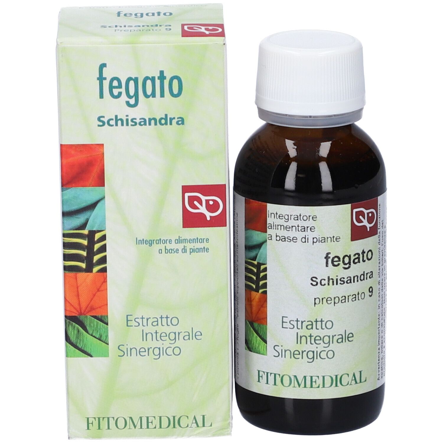Confezione prodotto: scatola in cartone e flacone in vetro marrone con tappo a vite bianco, etichetta con 'Fegato Schisandra' e illustrazioni botaniche.