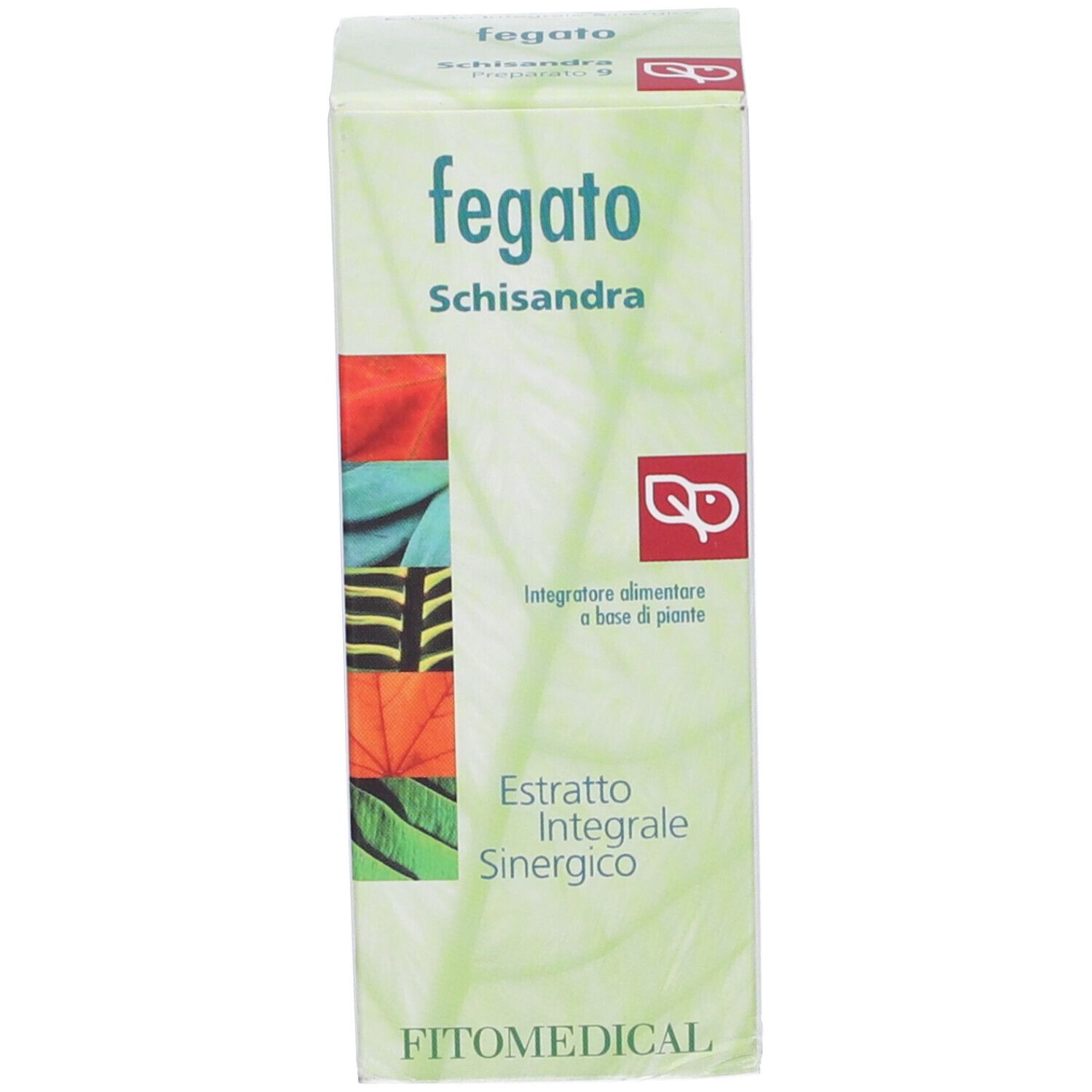 Confezione in cartone con illustrazioni botaniche e nome del prodotto 'Fegato Schisandra'.