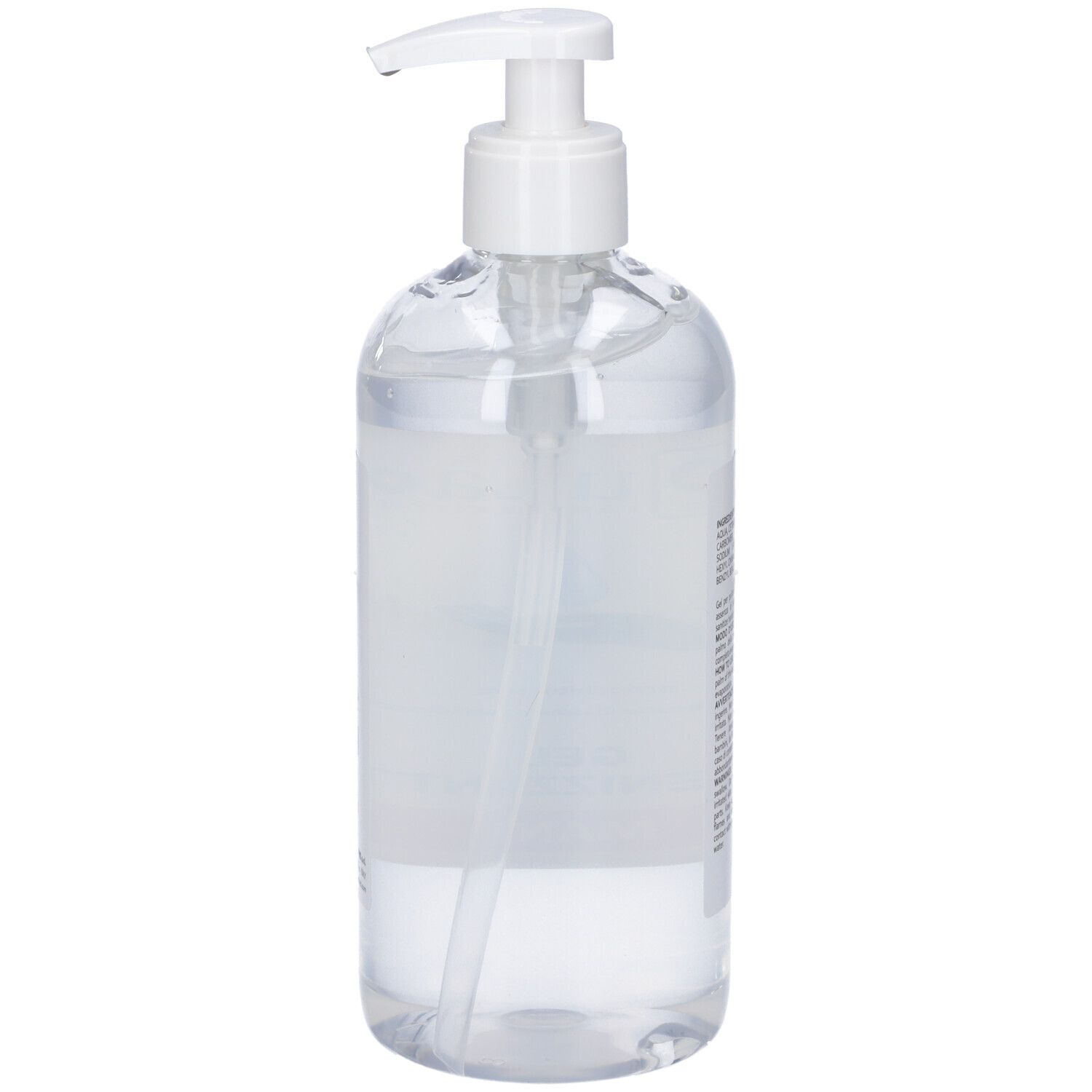 Flacone trasparente con dosatore bianco. Contenuto in gel visibile. Nessun altro dettaglio.