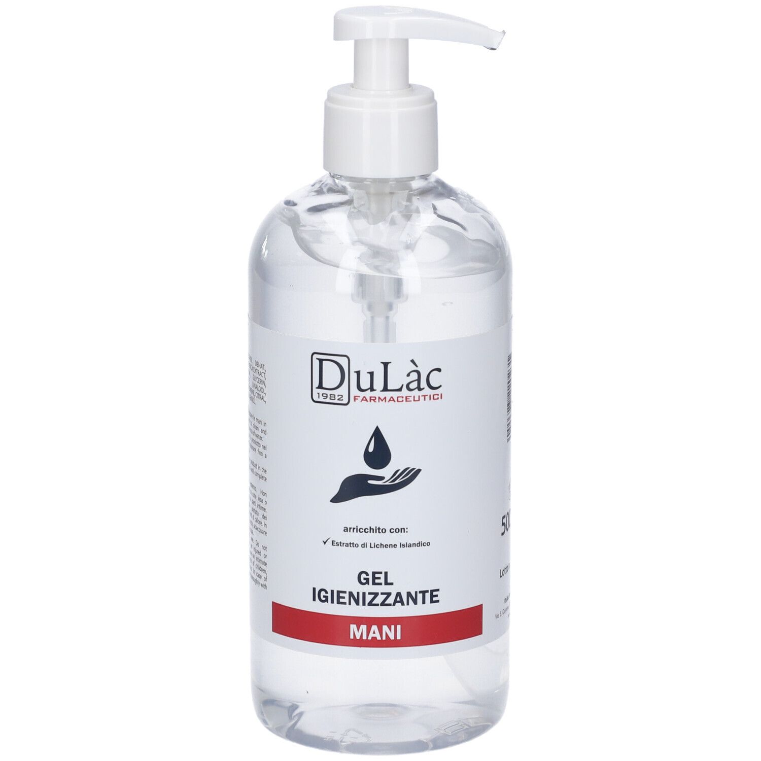 Flacone trasparente con dosatore bianco. Etichetta con nome, logo e volume. Gel.