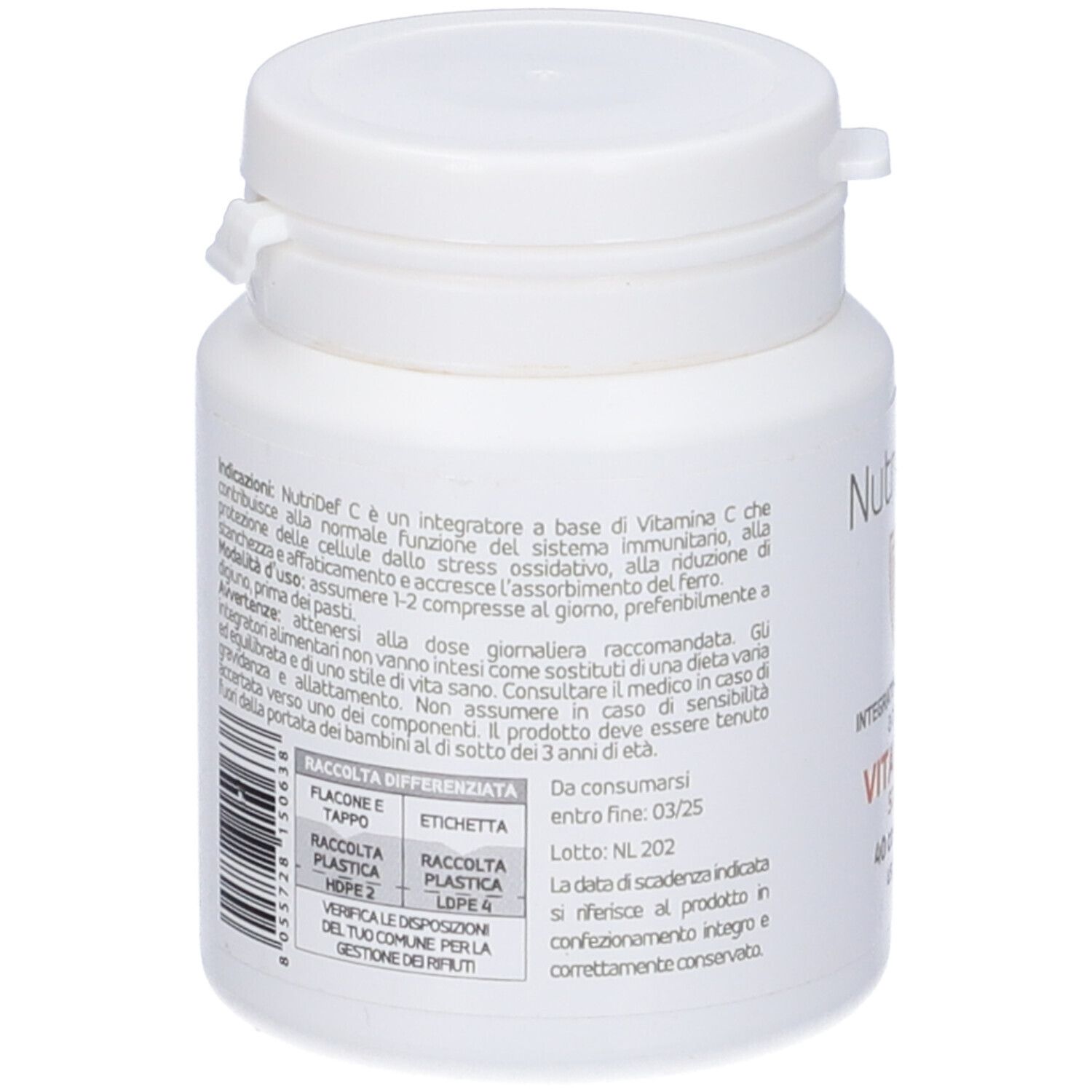 Retro del flacone bianco 'NutriDef C'. Informazioni testuali, ingredienti, data di scadenza e produttore.