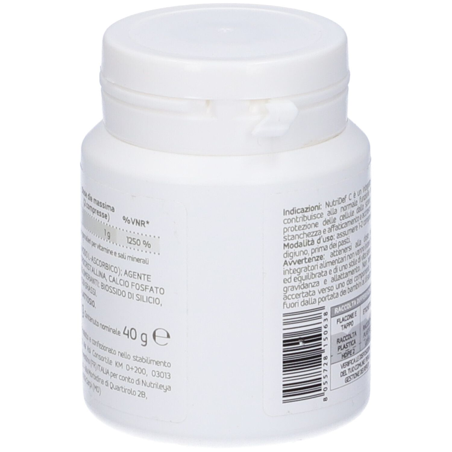 Retro del flacone bianco 'NutriDef C'. Informazioni testuali, ingredienti, peso e produttore.