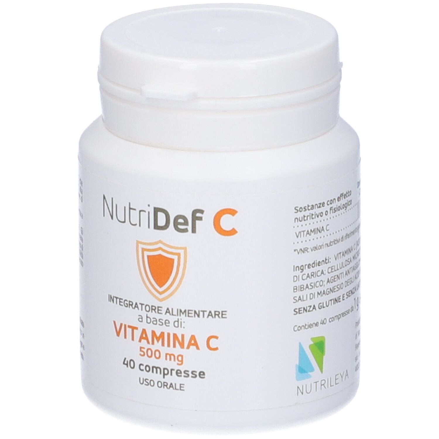 Flacone bianco 'NutriDef C' con 40 compresse di vitamina C, 500 mg. Uso orale. Scritte.