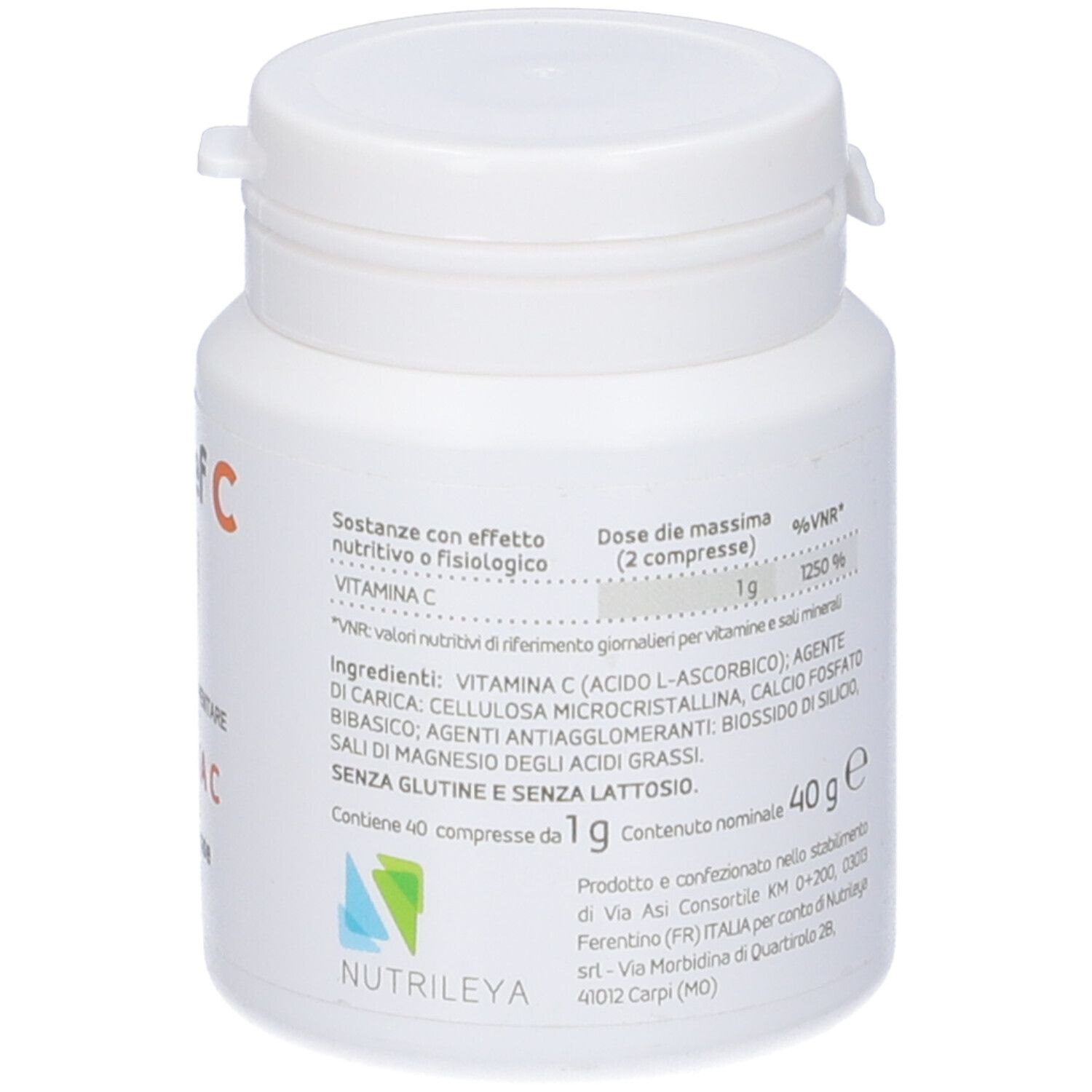 Retro del flacone bianco 'NutriDef C'. Informazioni testuali, ingredienti, peso e produttore.
