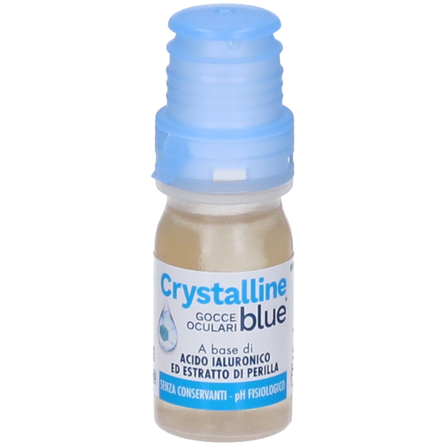 Flacone piccolo con tappo blu. Scritta: Crystalline blue, Gocce Oculari. Contiene acido ialuronico ed estratto di perilla.