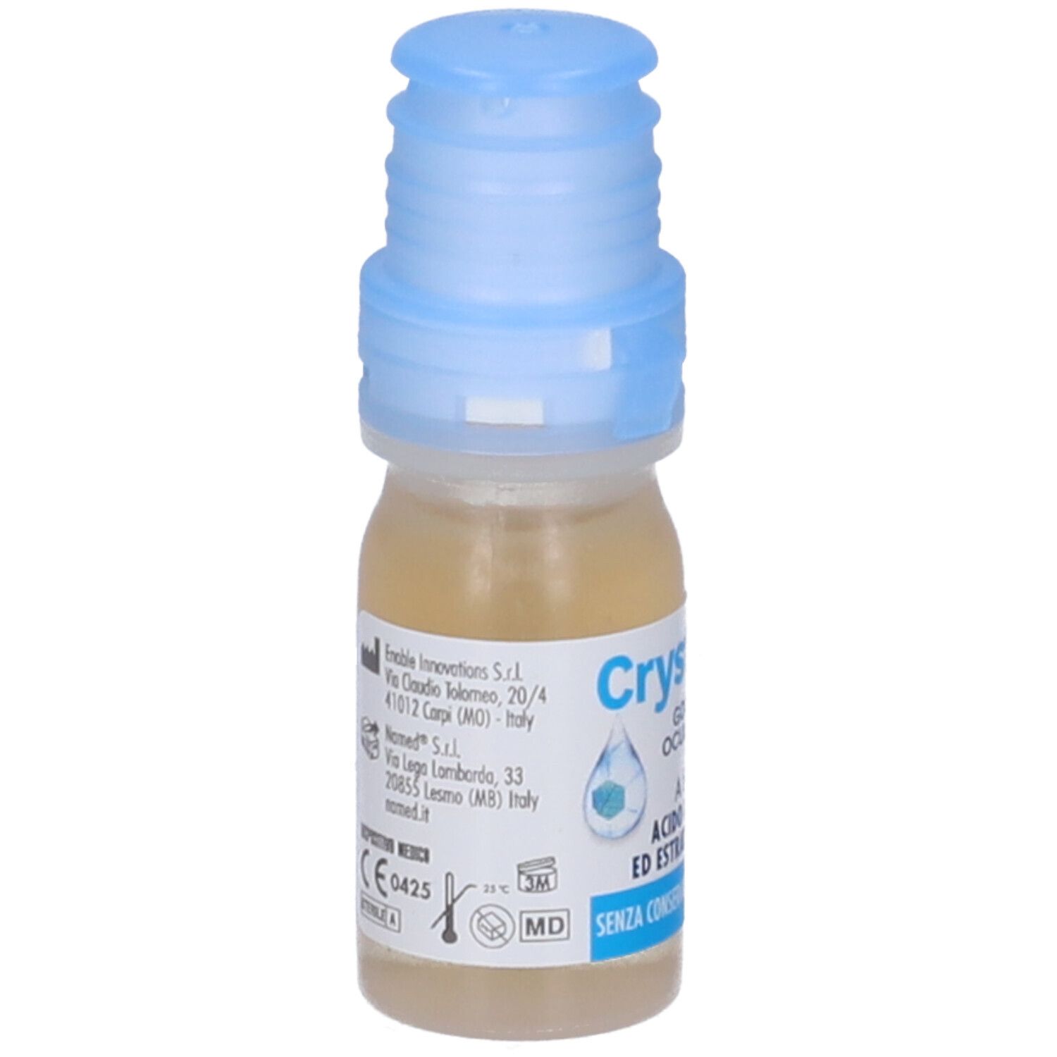 Flacone piccolo con tappo blu. Scritta: Crystalline blue, Gocce Oculari. Contiene acido ialuronico ed estratto di perilla. Con marchio CE.