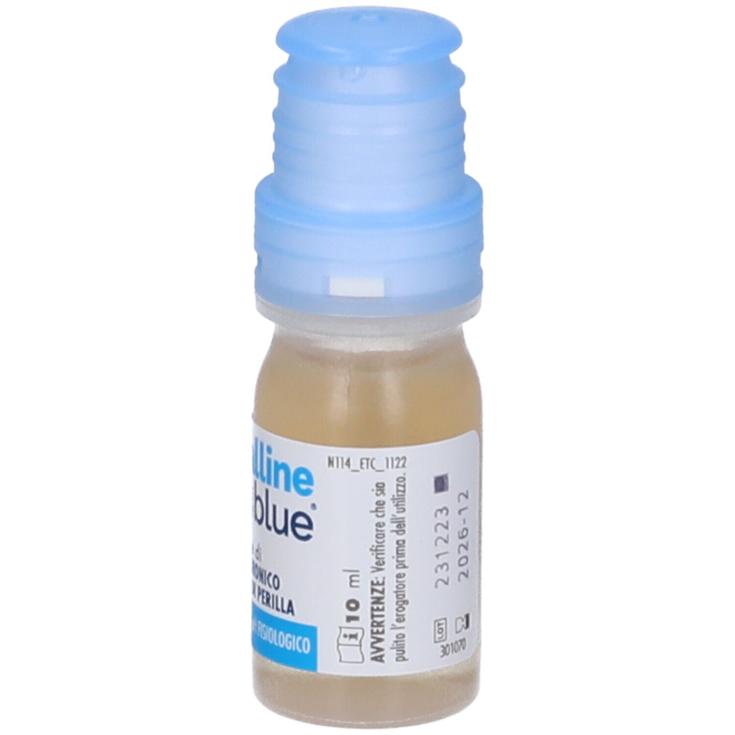 Flacone piccolo con tappo blu. Scritta: Crystalline blue, Gocce Oculari. Contiene acido ialuronico ed estratto di perilla. Con indicazione 10 ml.
