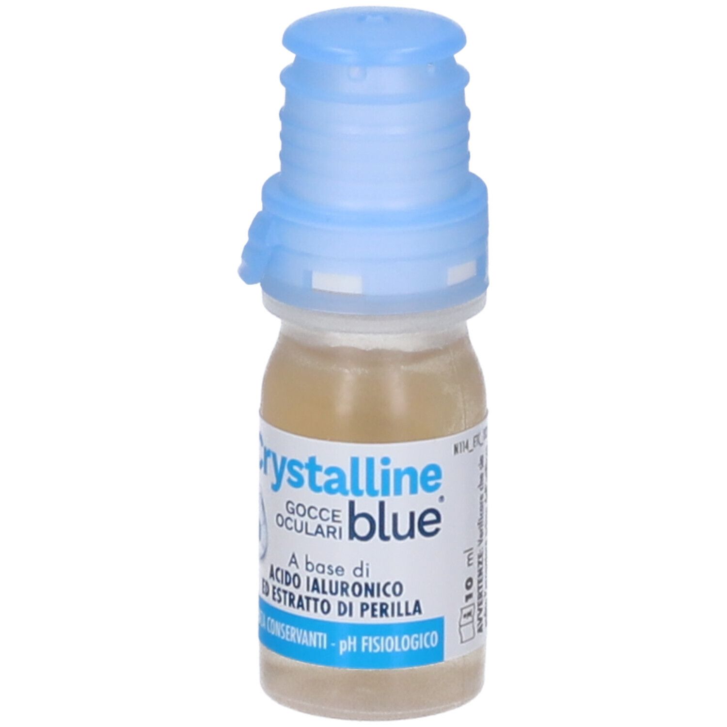 Flacone piccolo con tappo blu. Scritta: Crystalline blue, Gocce Oculari. Contiene acido ialuronico ed estratto di perilla. pH fisiologico.