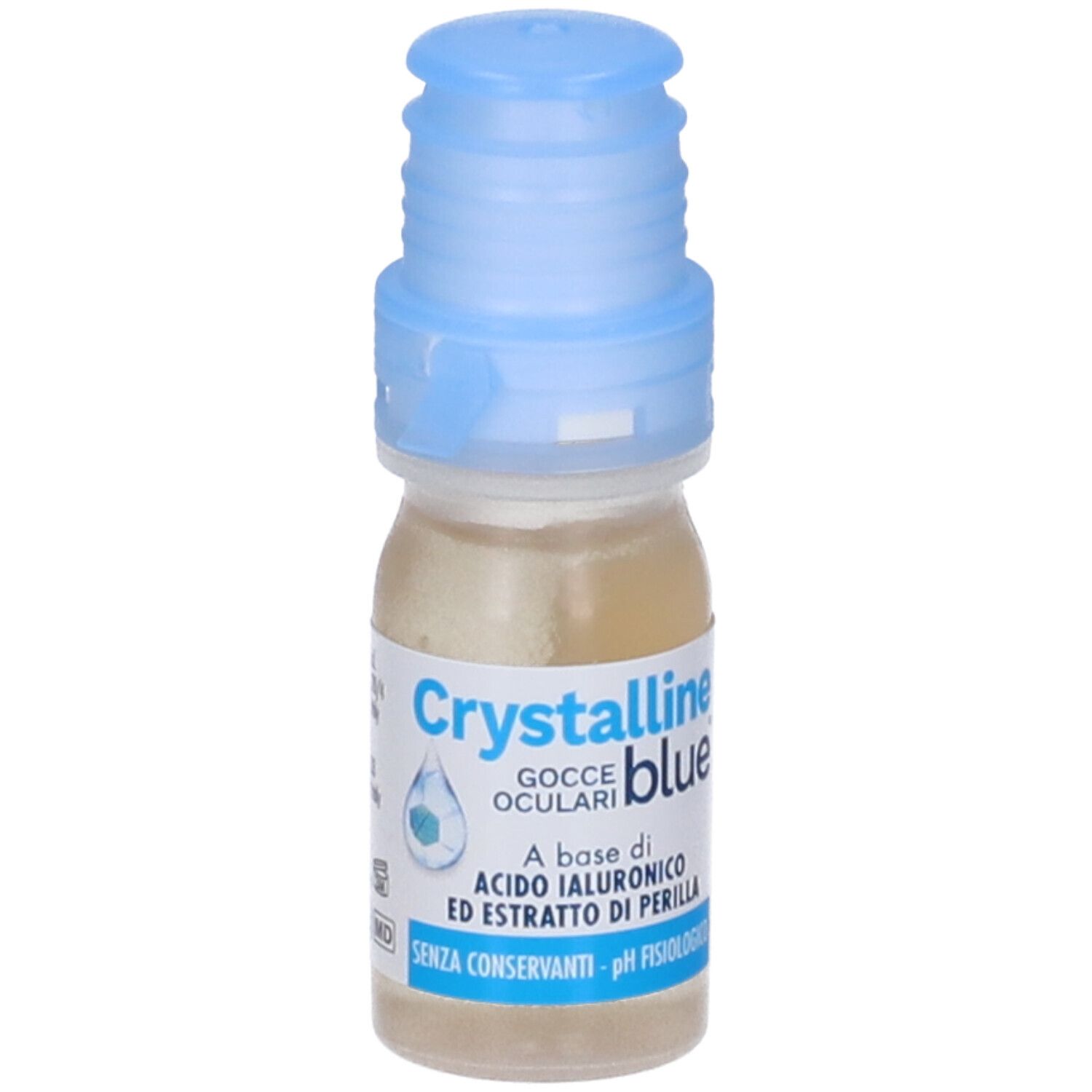 Flacone piccolo con tappo blu. Scritta: Crystalline blue, Gocce Oculari. Contiene acido ialuronico ed estratto di perilla. Senza conservanti.