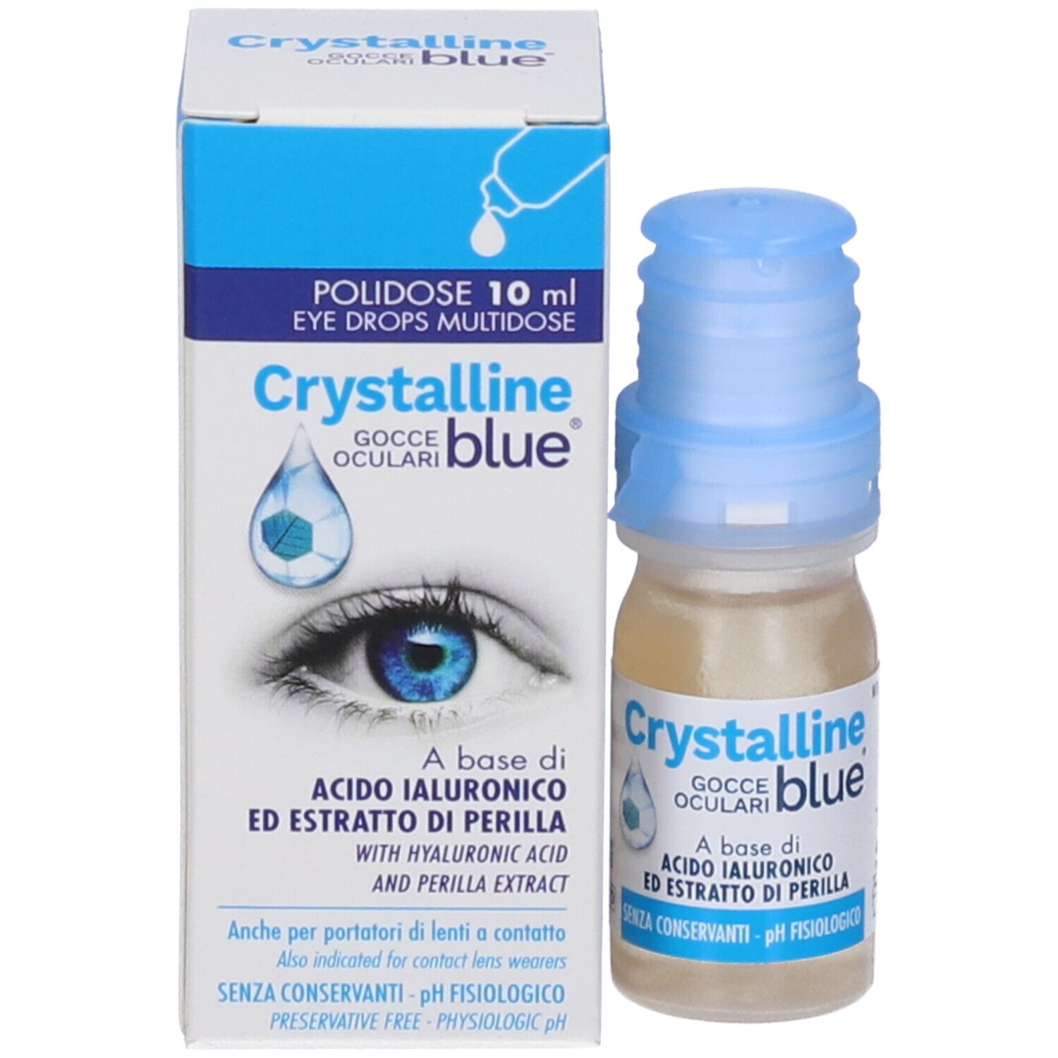 Confezione e flacone. Confezione: blu e bianca, con nome del prodotto e immagine dell'occhio. Flacone: Crystalline blue, Gocce Oculari.