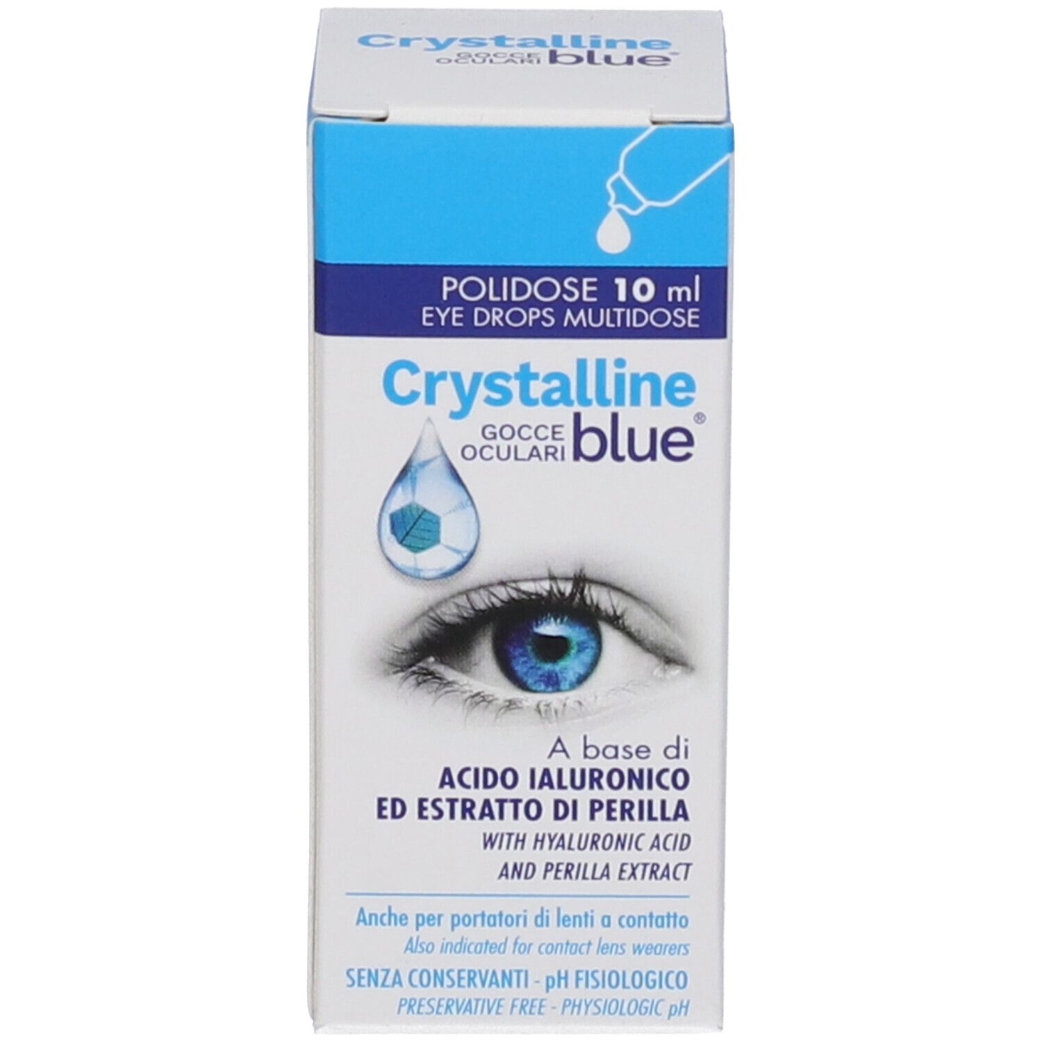 Confezione e flacone. Confezione: blu e bianca, con nome del prodotto e immagine dell'occhio. Flacone: Crystalline blue, Gocce Oculari.
