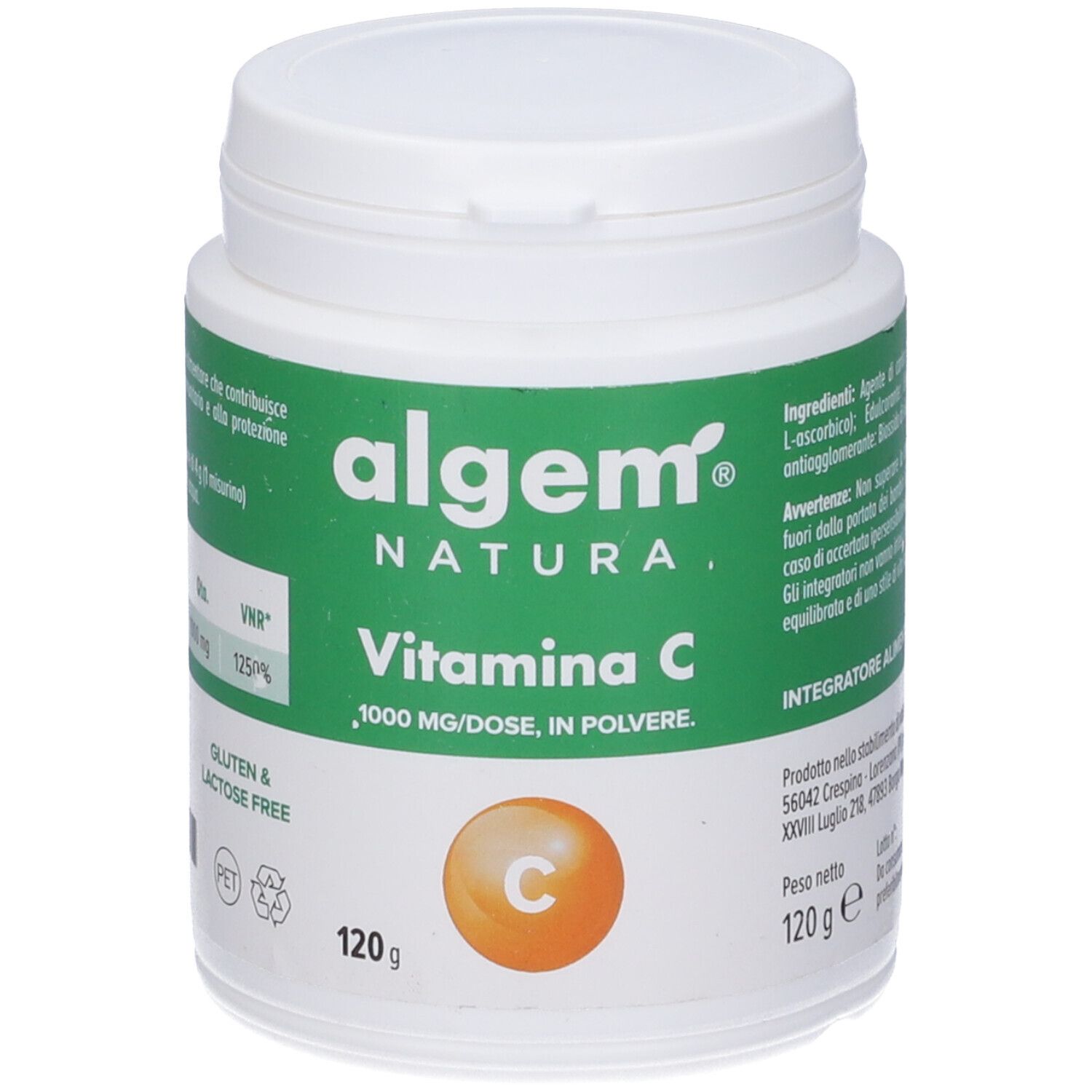 Contenitore bianco con etichetta verde. Scritta: Algem Natura, Vitamina C, 1000 mg, 120 g. Senza glutine e lattosio.