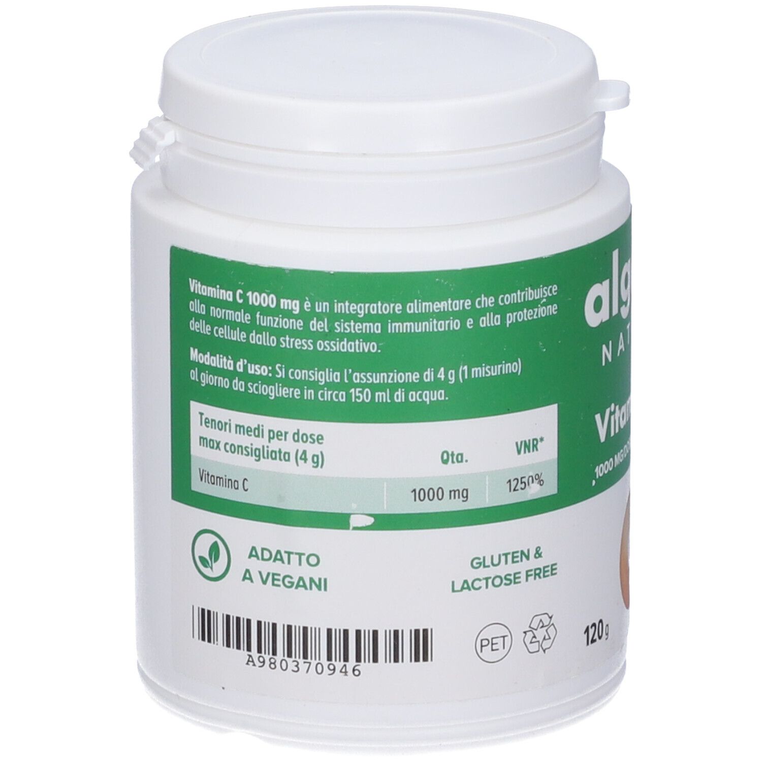 Contenitore bianco con etichetta verde. Scritta: Algem Natura, Vitamina C, 1000 mg, 120 g. Senza glutine e lattosio.