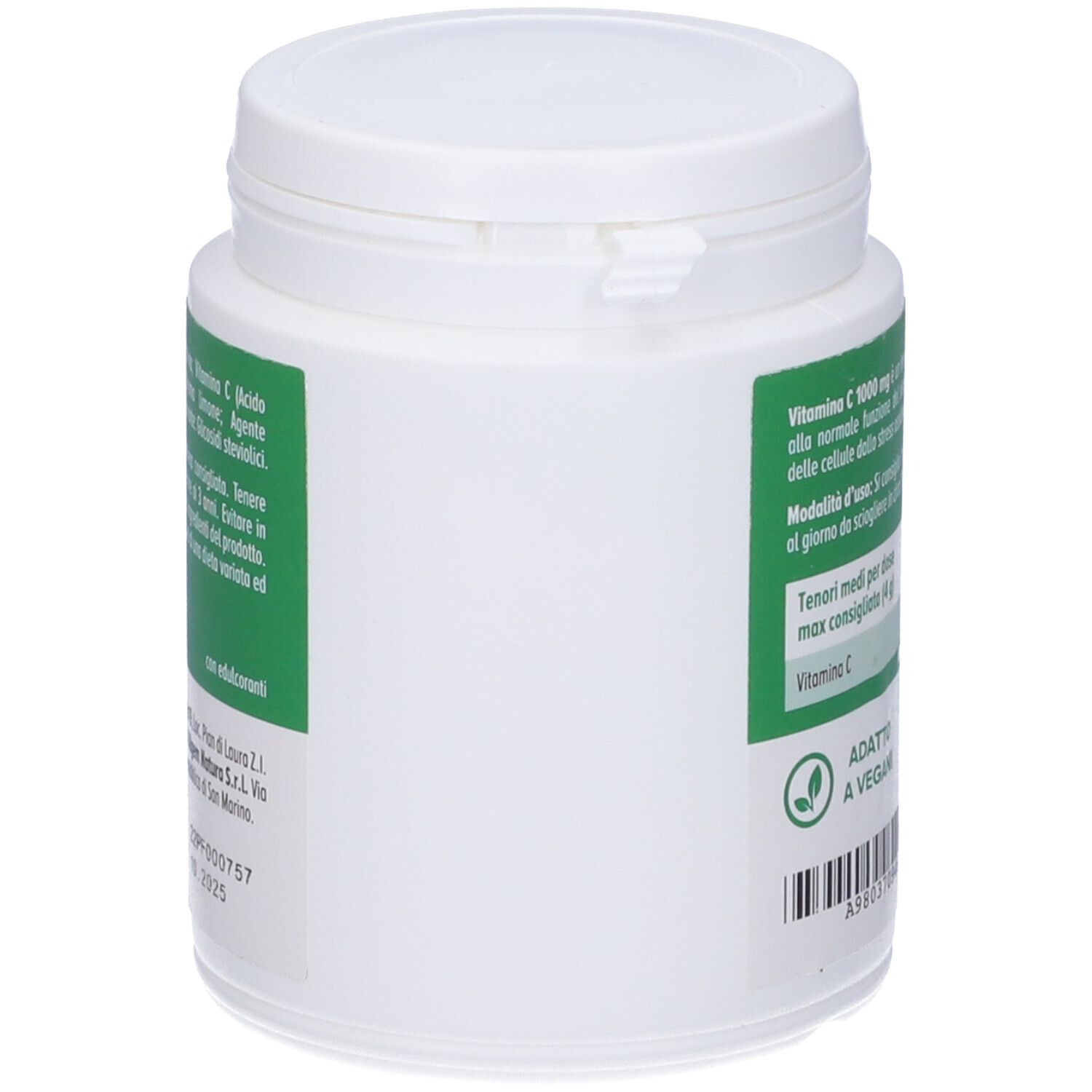 Contenitore bianco con etichetta verde. Scritta: Algem Natura, Vitamina C, 1000 mg, 120 g. Senza glutine e lattosio.