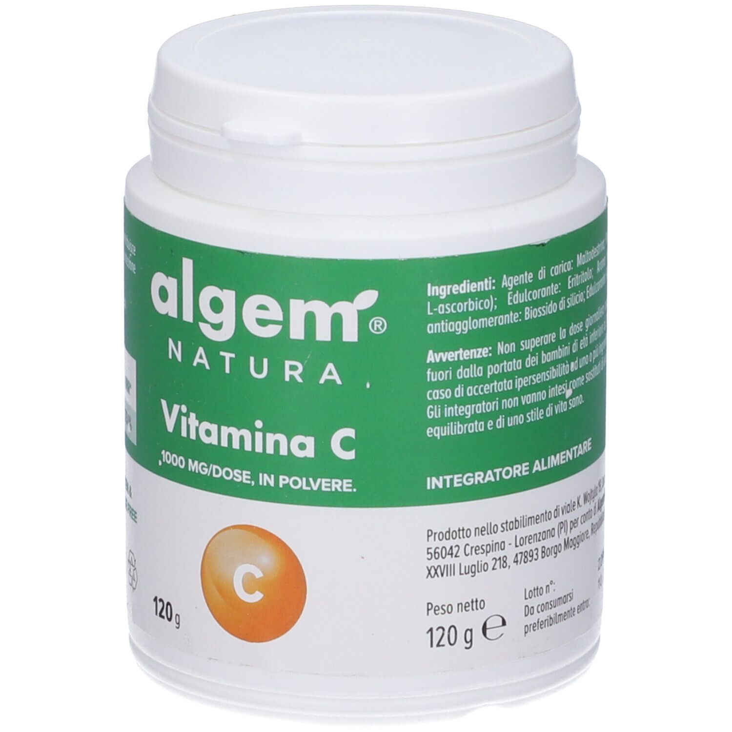 Contenitore bianco con etichetta verde. Scritta: Algem Natura, Vitamina C, 1000 mg, 120 g. Senza glutine e lattosio.