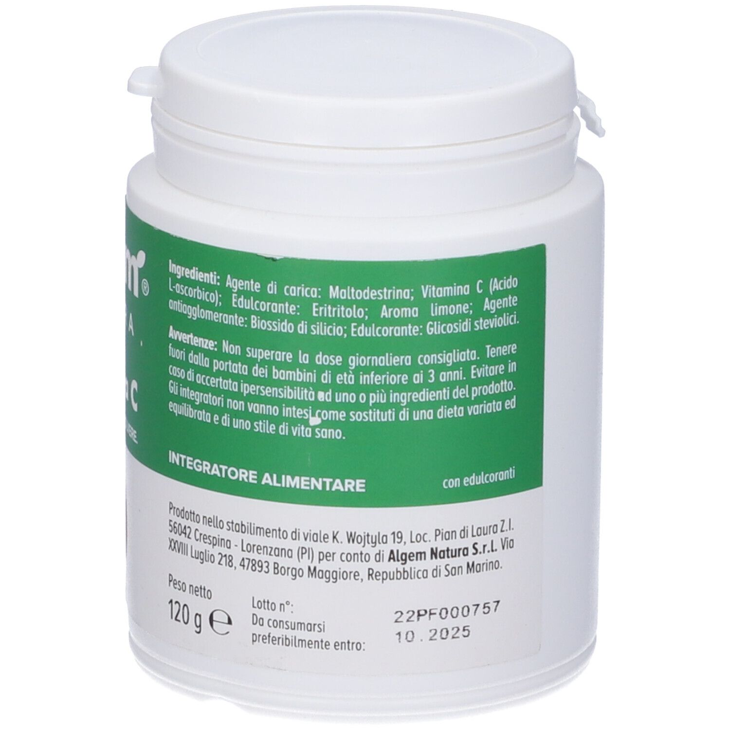 Contenitore bianco con etichetta verde. Scritta: Algem Natura, Vitamina C, 1000 mg, 120 g. Senza glutine e lattosio.