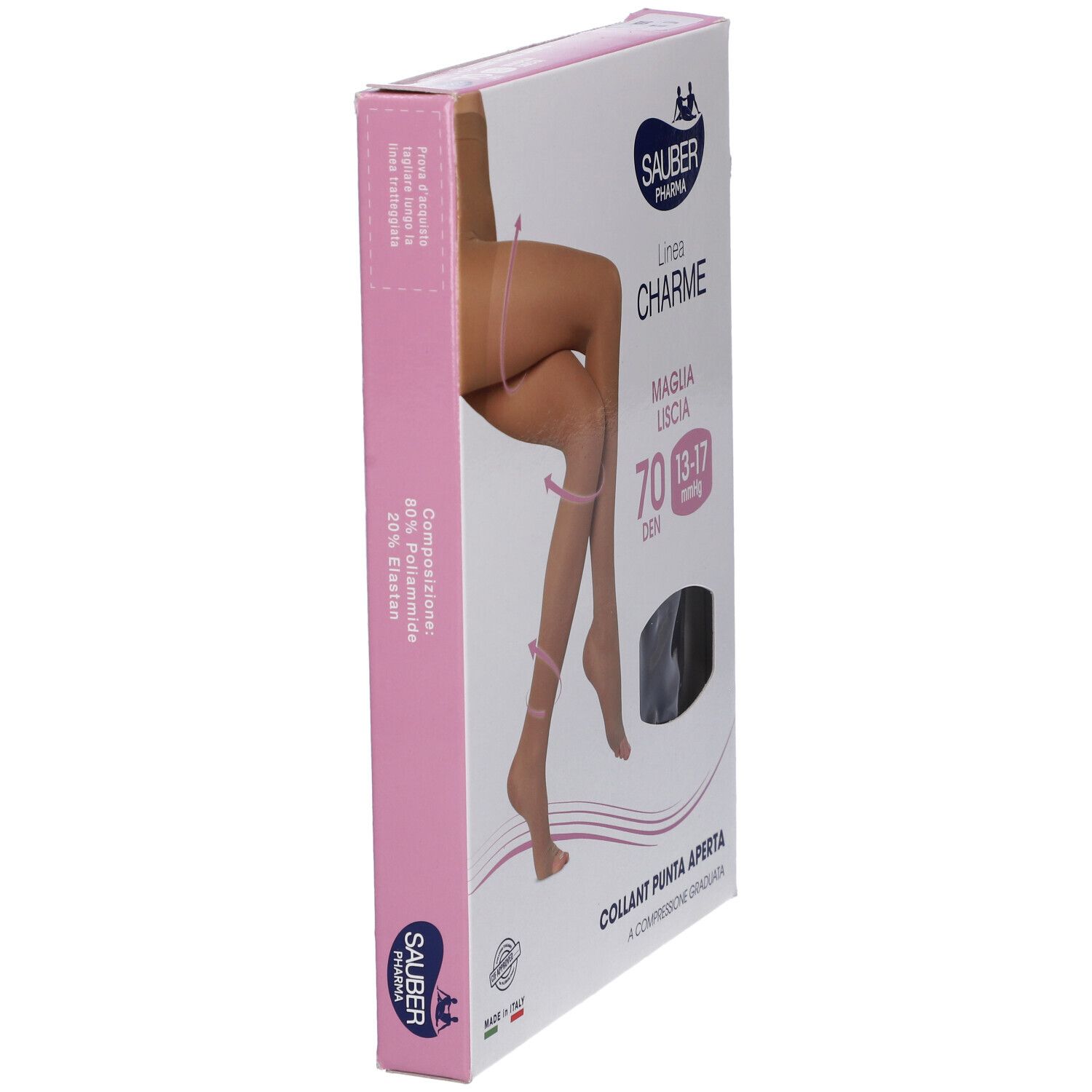 Vista laterale della confezione Sauber Collant Open Toe 70 Denari. Accenti rosa e immagine del prodotto.