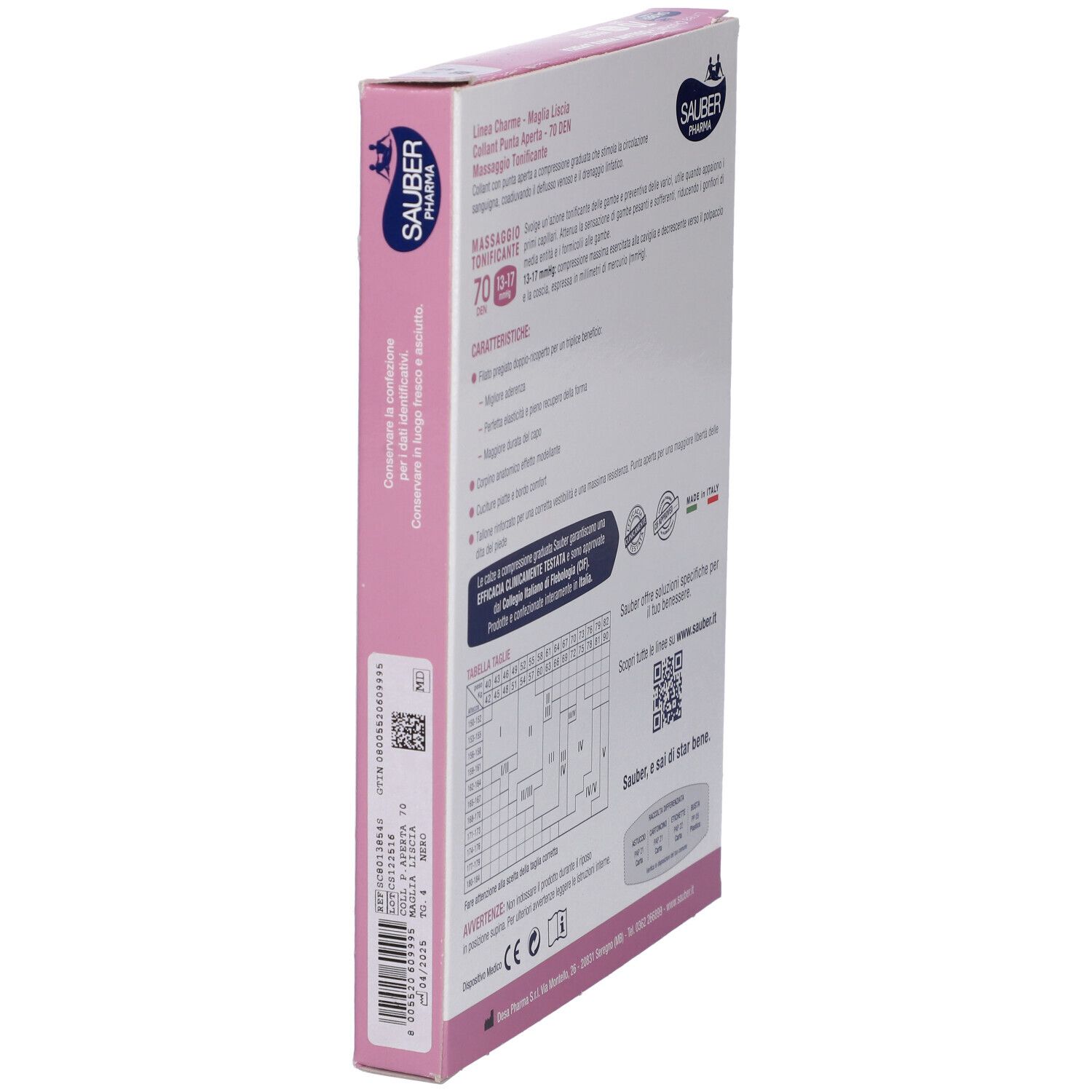 Vista laterale della confezione Sauber Collant Open Toe 70 Denari. Testo e codice QR.