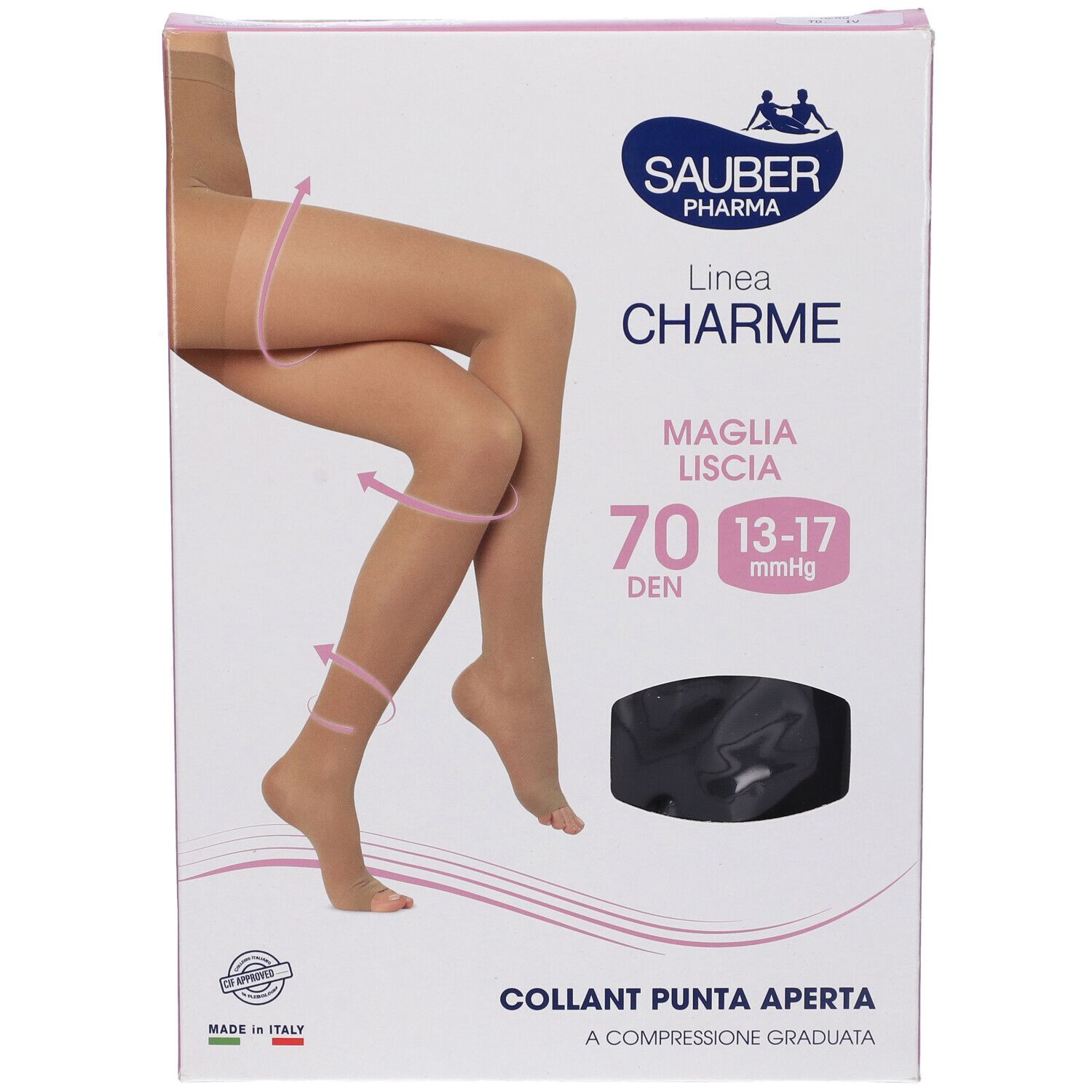 Confezione di collant Sauber Open Toe 70 Denari. Immagine di gambe con collant. Marchio Sauber Pharma.