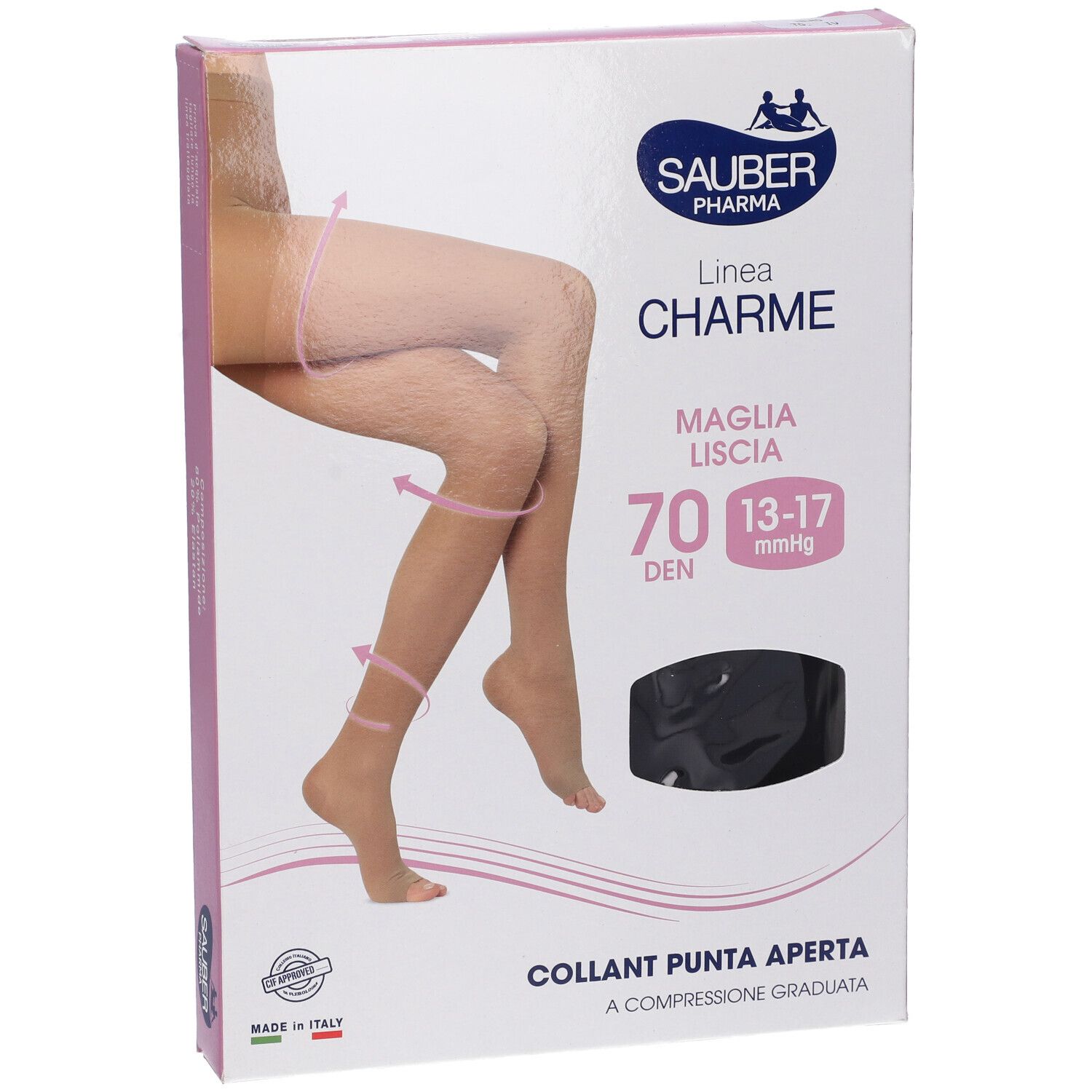 Confezione di collant Sauber Open Toe 70 Denari. Immagine di gambe con collant. Marchio Sauber Pharma.