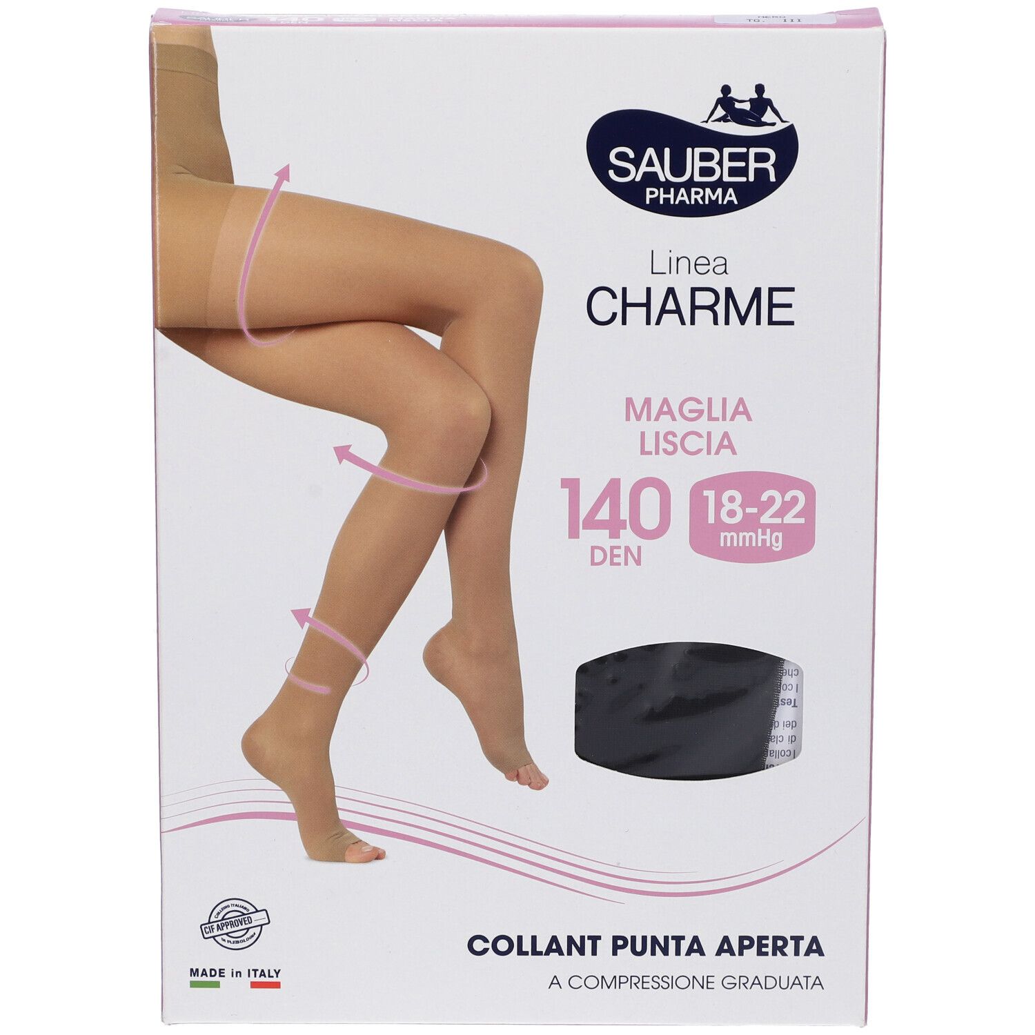 Confezione collant SAUBER Pharma. Scatola rosa e bianca con immagine e testo. 140 DEN, 18-22 mmHg. Collant a punta aperta.