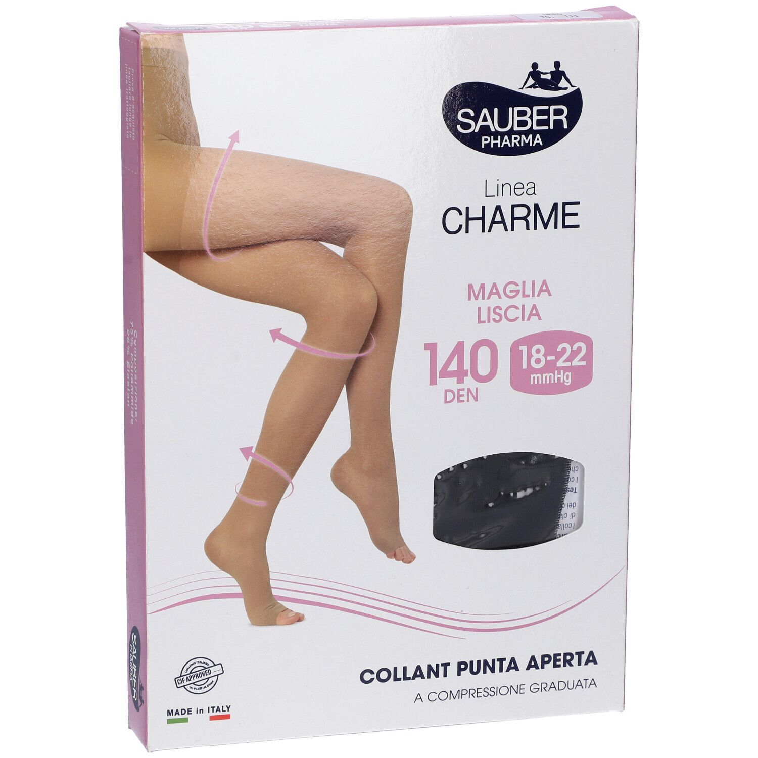 Confezione collant SAUBER Pharma. Scatola rosa e bianca con immagine e testo. 140 DEN, 18-22 mmHg. Collant a punta aperta.