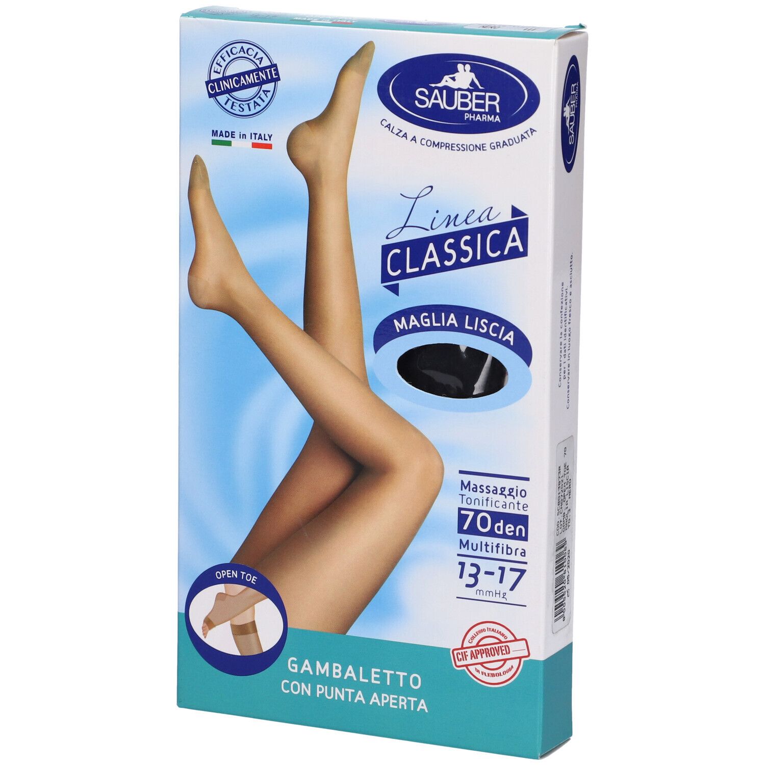 Confezione calze a compressione Sauber Pharma. Gambaletto Open Toe. 70 Denari. Punta aperta. Dettagli e marchio visibili.