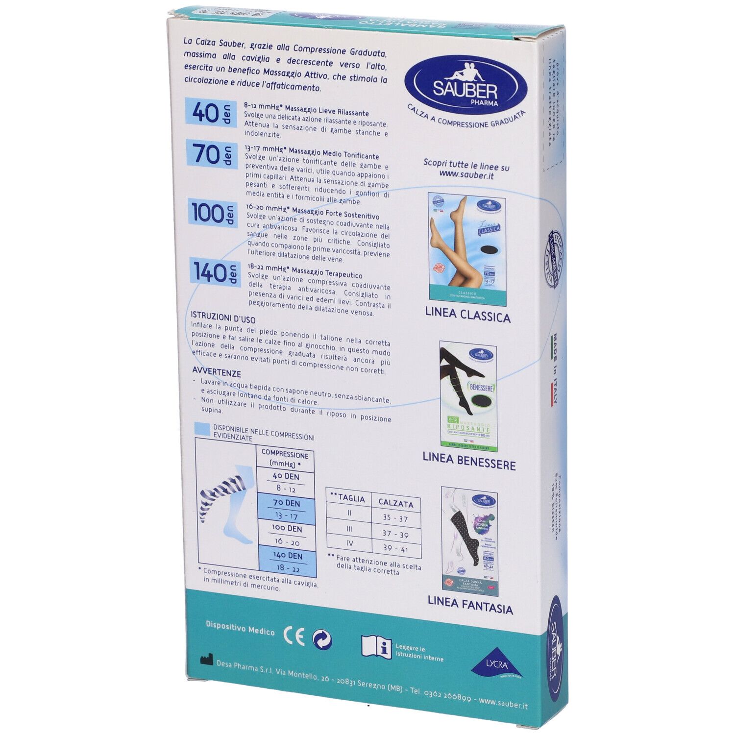 Retro della confezione calze a compressione Sauber Pharma. Informazioni prodotto e tabella taglie.