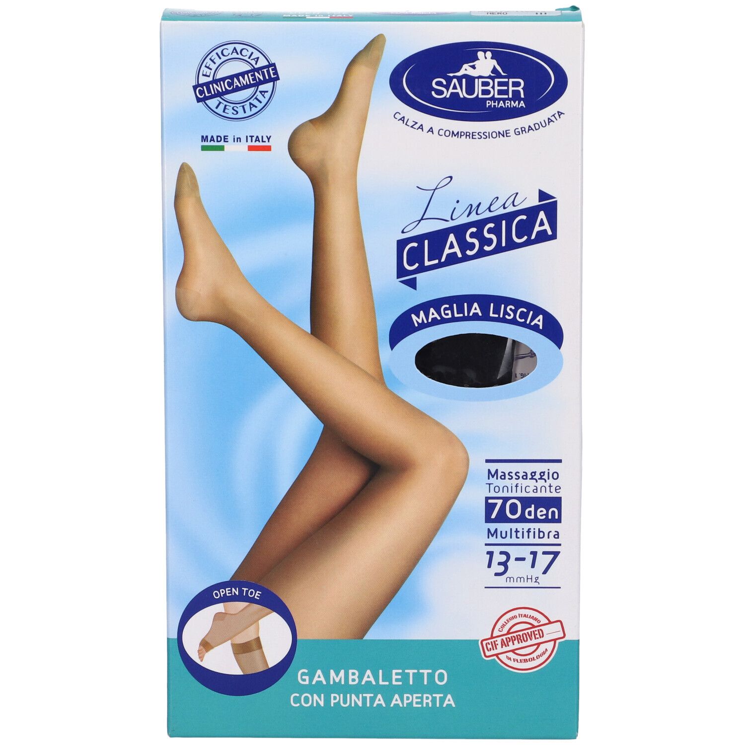 Confezione calze a compressione Sauber Pharma. Gambaletto Open Toe. 70 Denari. Punta aperta. Dettagli e marchio visibili.