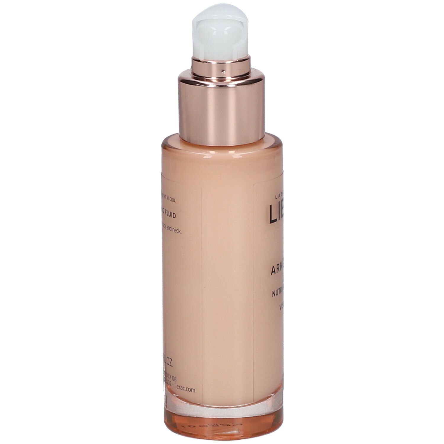 Flacone di liquido beige LIERAC Arkéskin Nuit. Pompa e tappo dorato. Scritta: Nutri-Redensifiant.