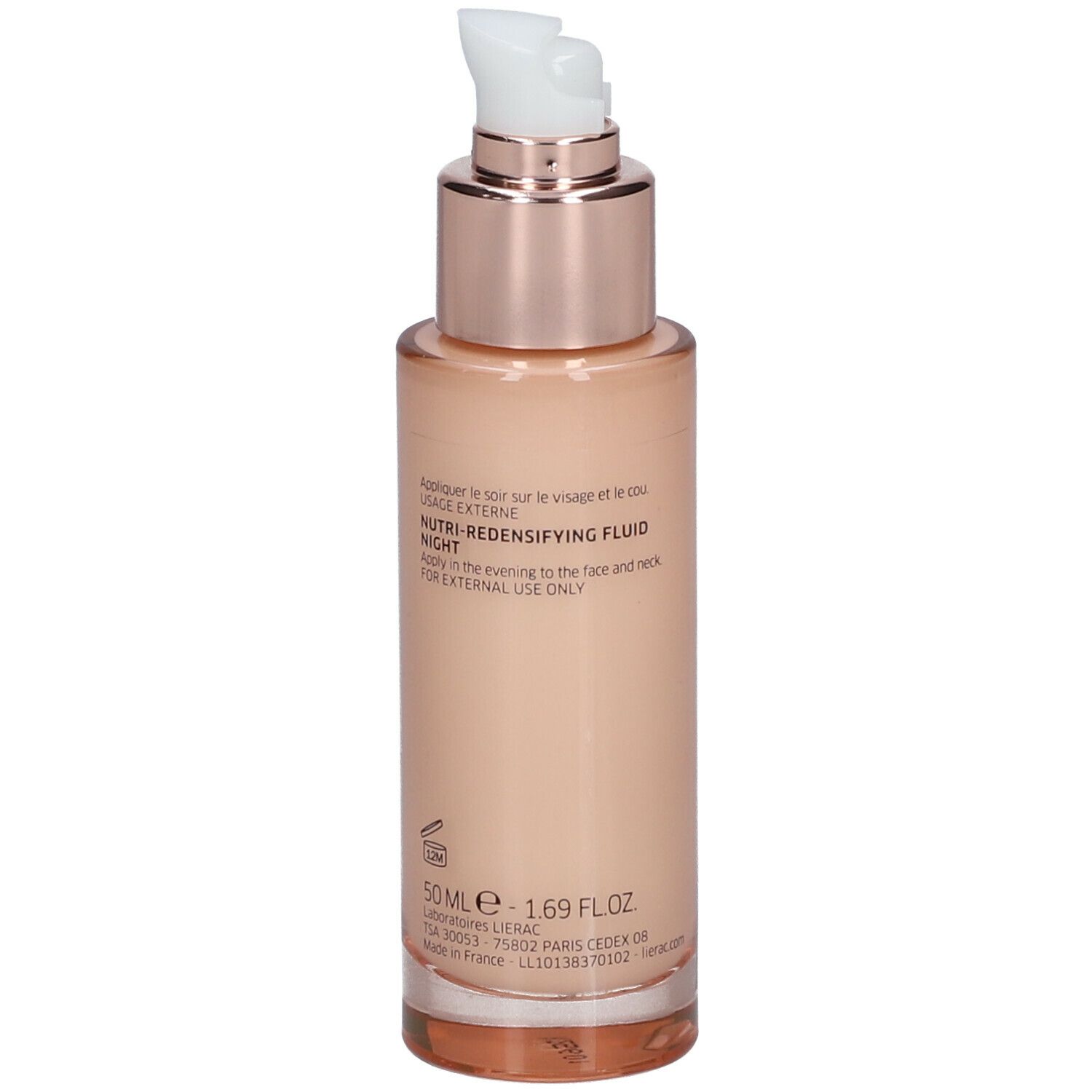 Retro del flacone di liquido LIERAC Arkéskin Nuit. Testo: Nutri-Redensifying Fluid Night. Per uso esterno.