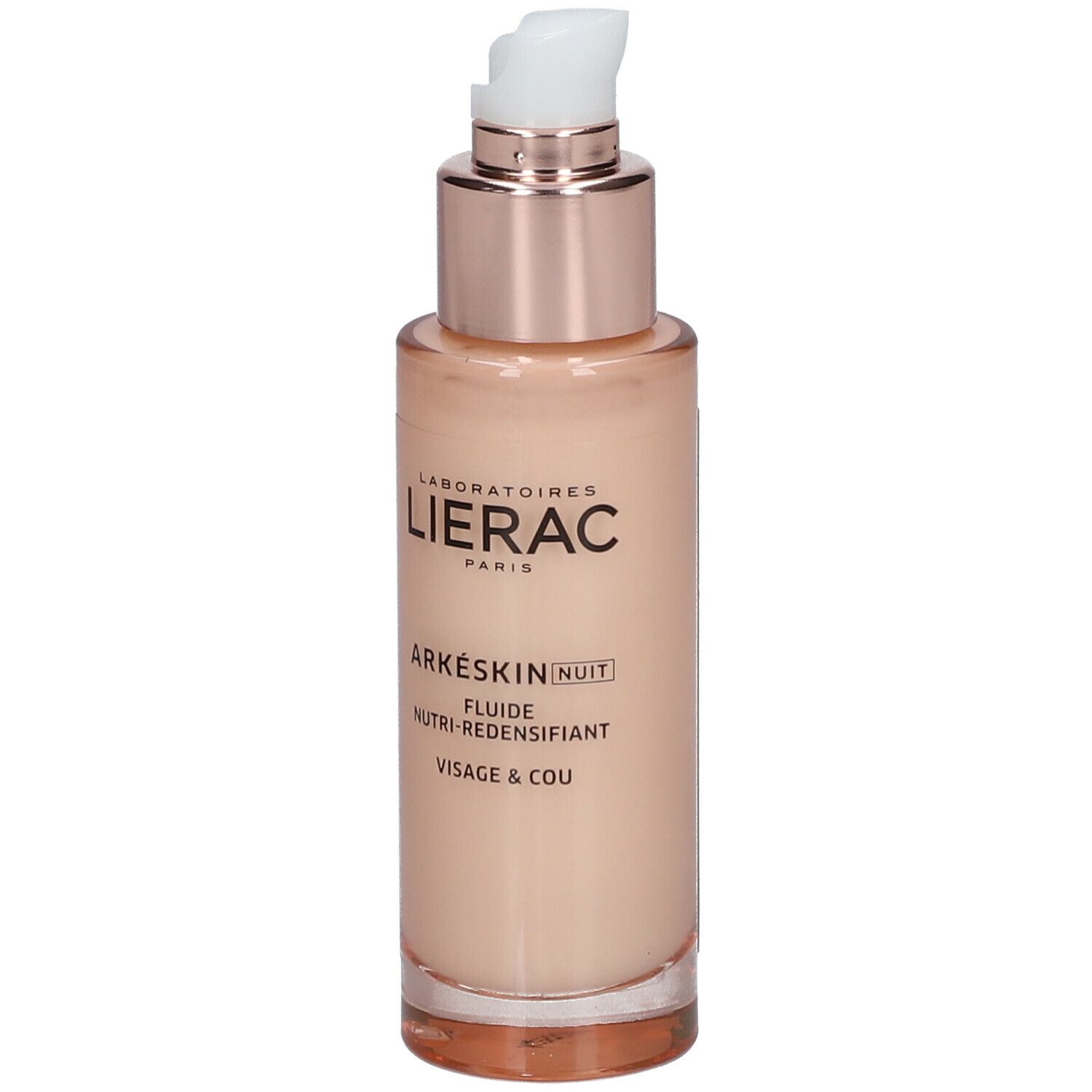 Flacone di liquido LIERAC Arkéskin Nuit. Liquido beige, pompa dorata. Scritta: Nutri-Redensifiant Visage & Cou.