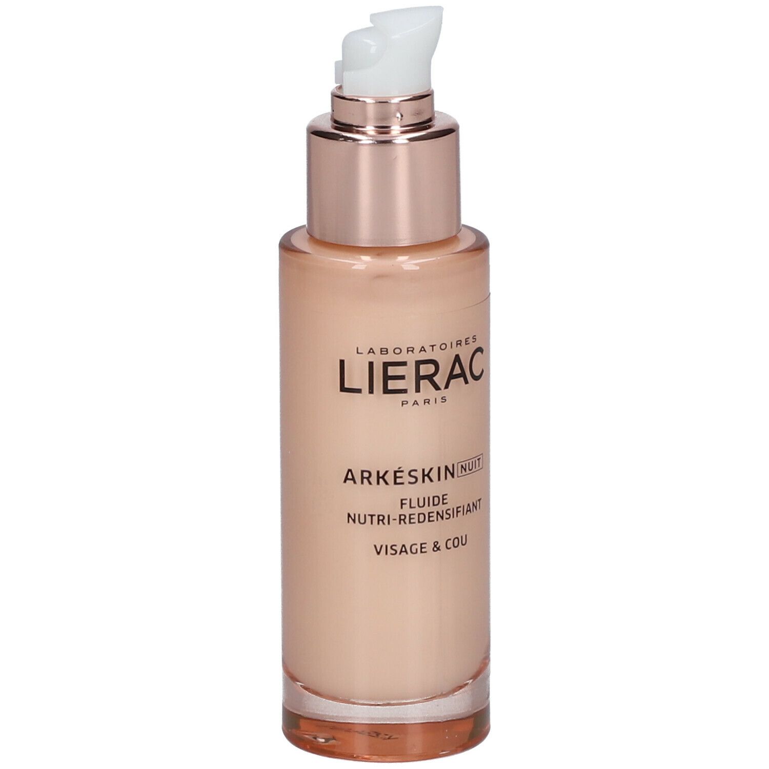 Flacone di liquido LIERAC Arkéskin Nuit. Liquido beige, pompa dorata. Scritta: Nutri-Redensifiant Visage & Cou.