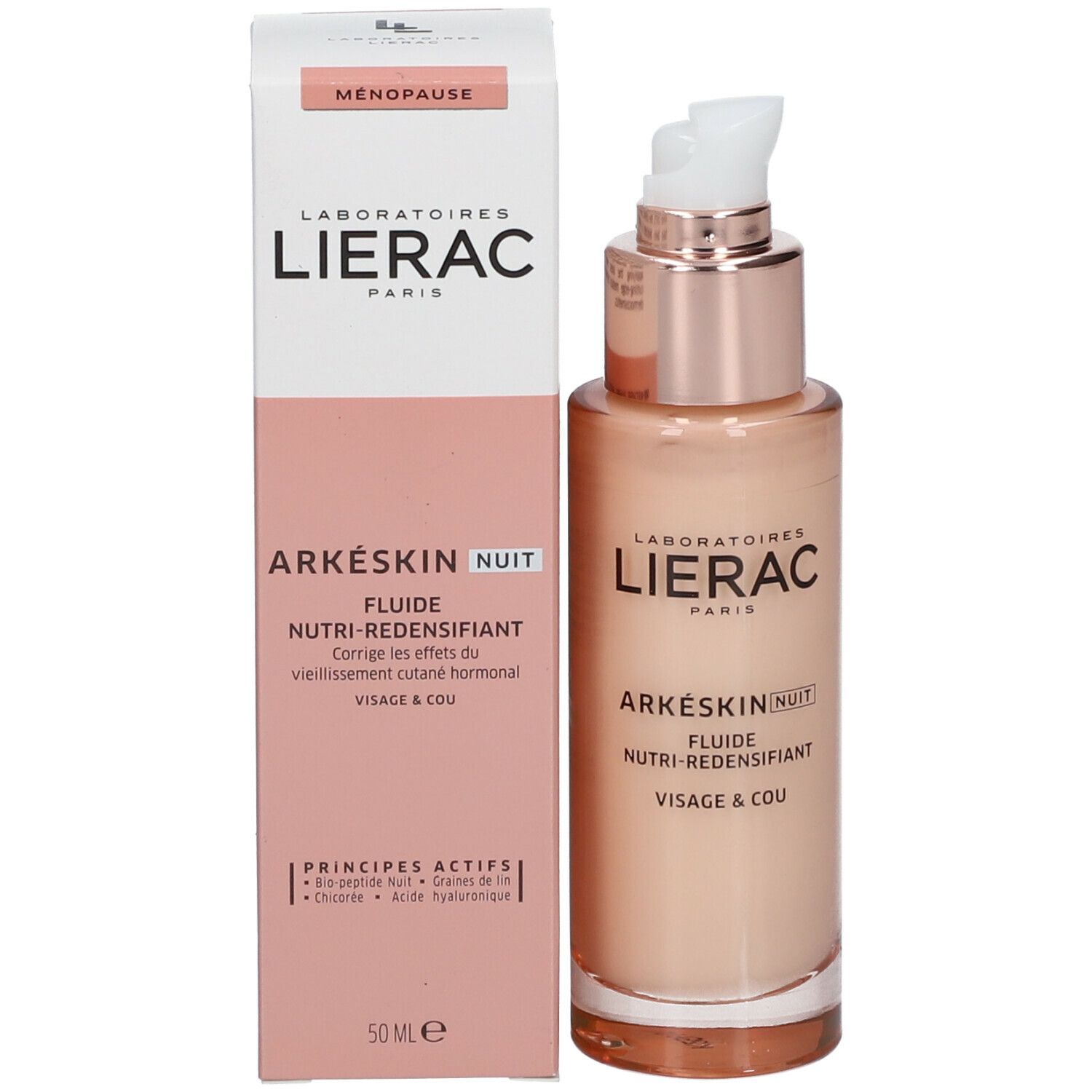 Prodotto LIERAC Arkéskin Nuit con confezione. Liquido e scatola. Scritta: Nutri-Redensifiant Visage & Cou.