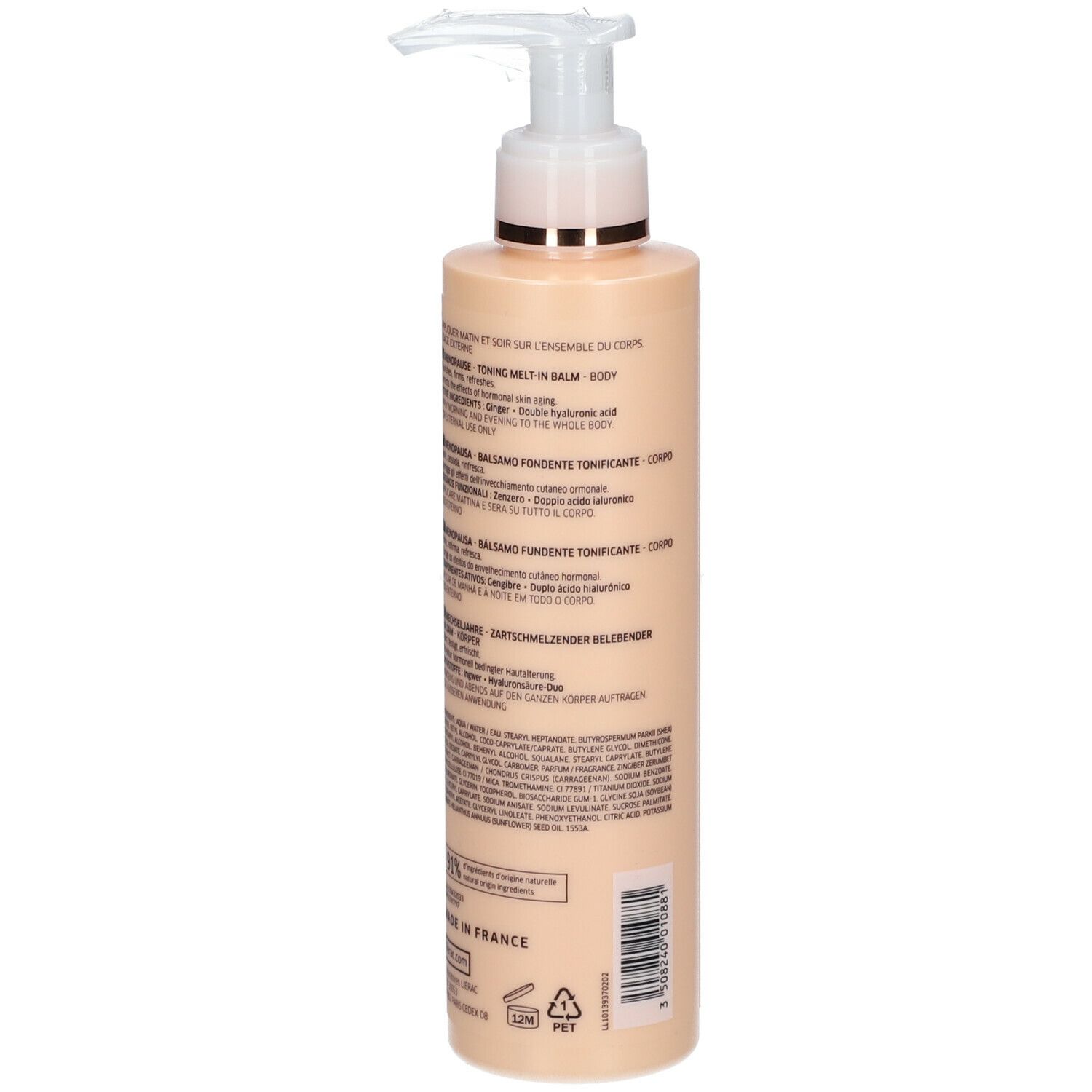 Flacone beige con dosatore. Retro con testo multilingue e codice a barre. Prodotto in Francia.